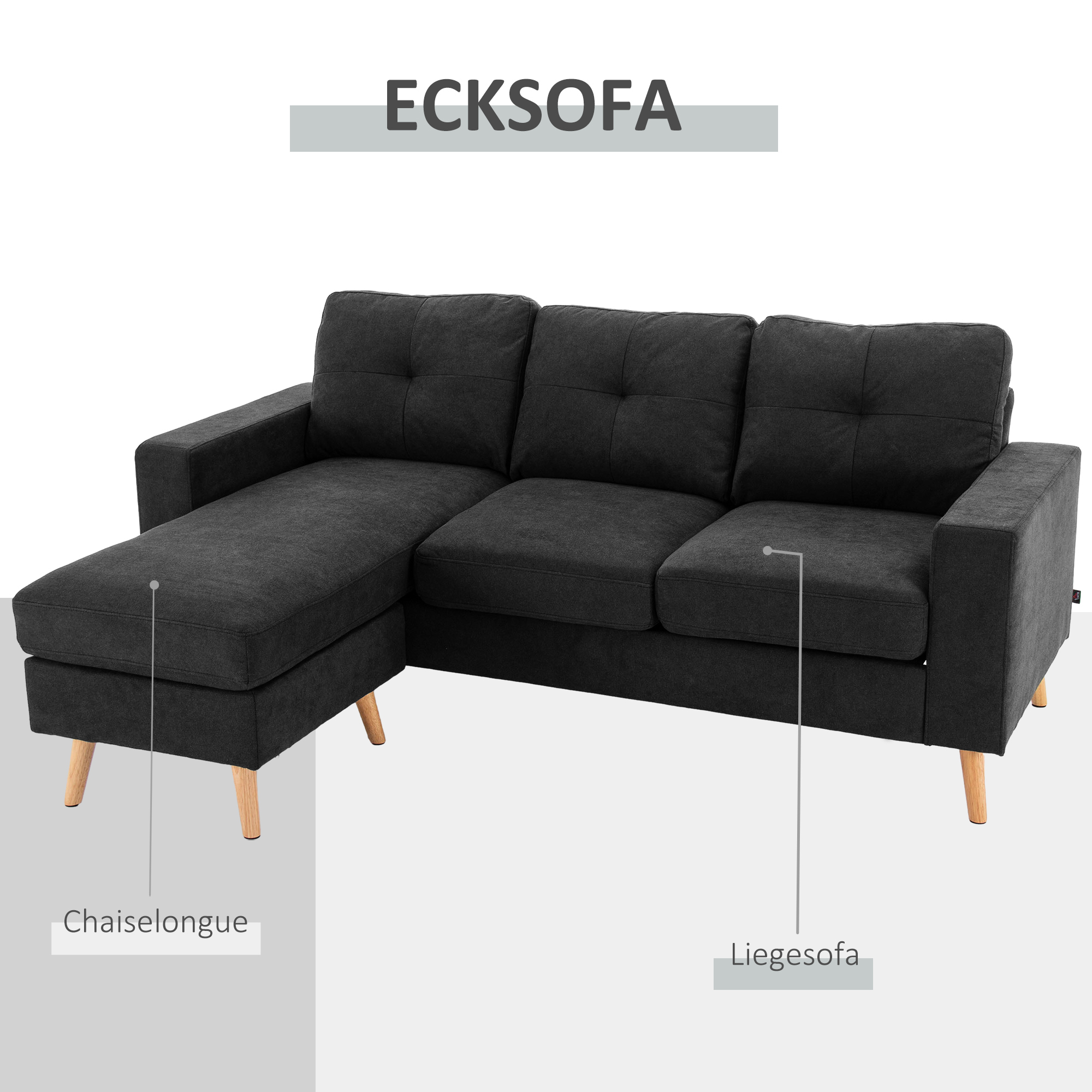 HOMCOM 3-zits hoekbank, linnenlook, omkeerbare chaise longue, 193x136x85 cm, zwart