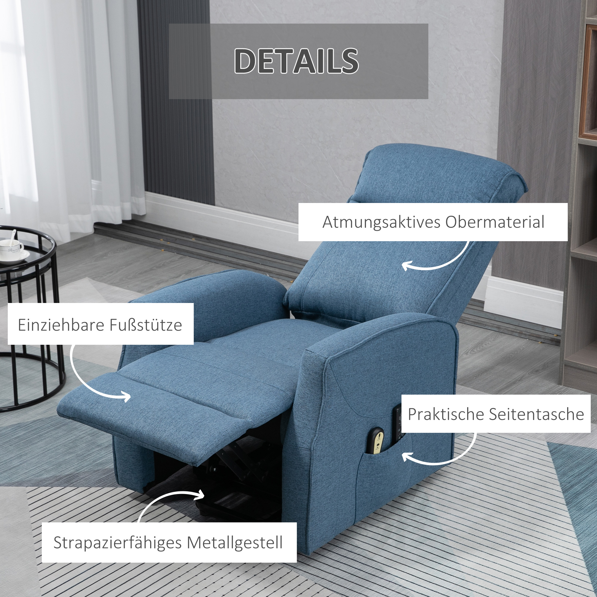 HOMCOM Massagestoel met opsta-hulp, relaxstoel, inclusief afstandsbediening, 1 zijvak, voetensteun, blauw