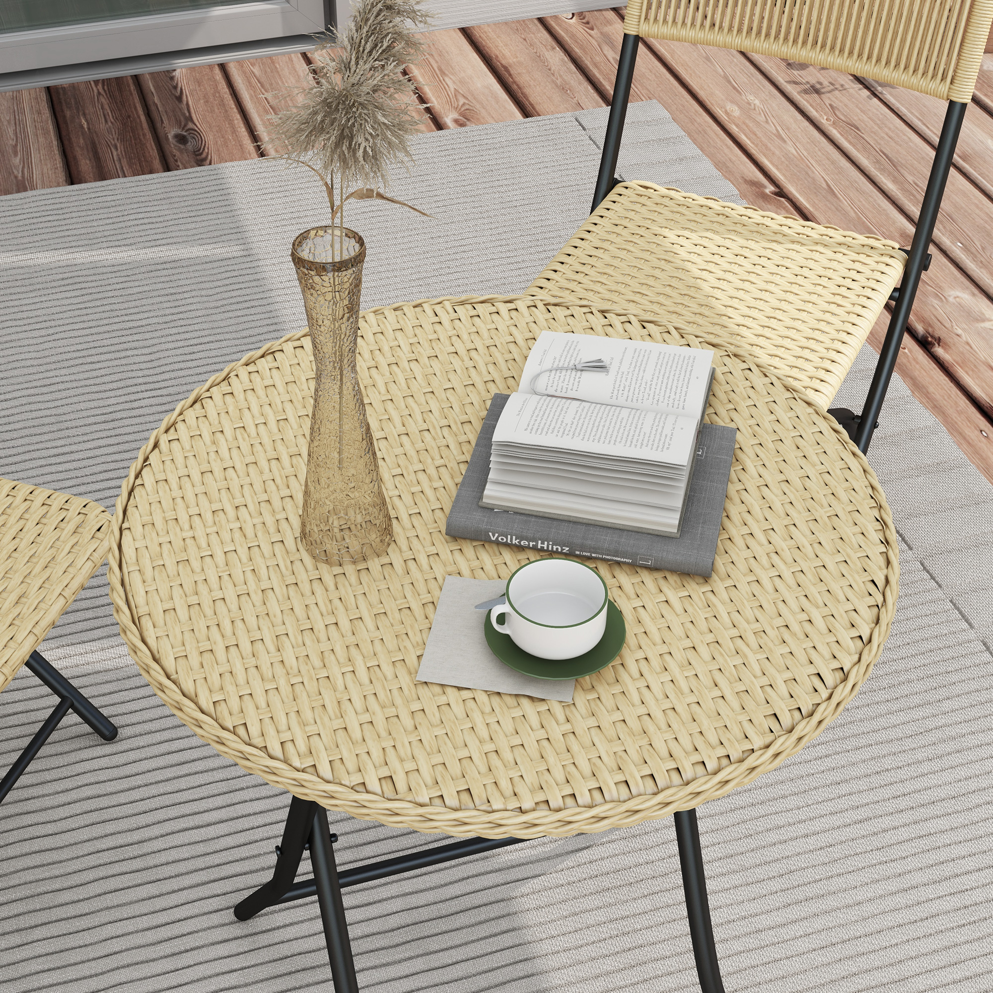 Outsunny Bistroset in Rattanlook, 2 stoelen met ronde tafel, inklapbaar, stalen frame, geel
