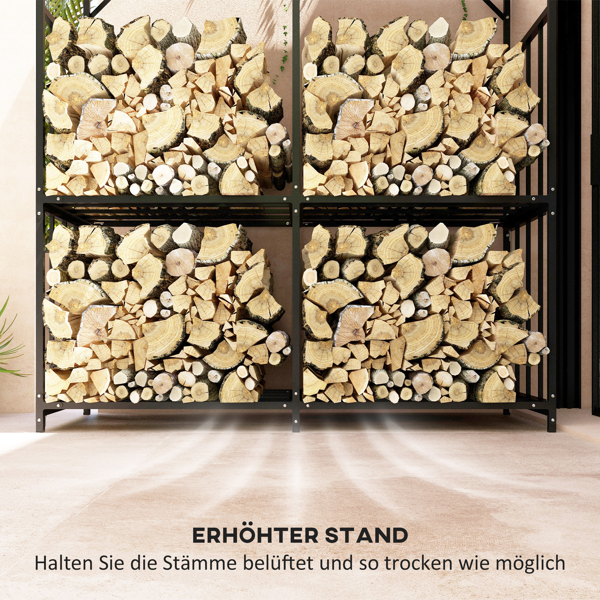 Outsunny Brandhoutrek, 2 lagen, Verzinkt Staal Dak, Metalen Frame, 186 x 75 x 185 cm, Zwart