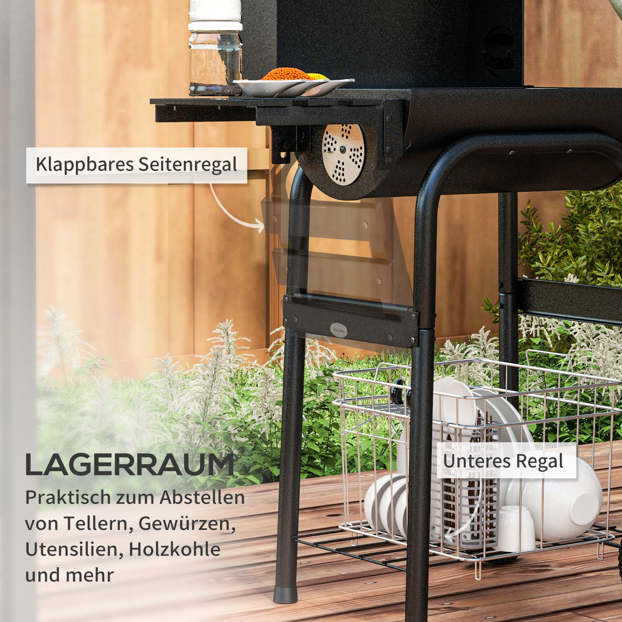 Outsunny Houtskoolgrill Smoker BBQ-Grill, 1 Plank, inclusief Thermometer, 83 x 46,5 x 115 cm, Zwart