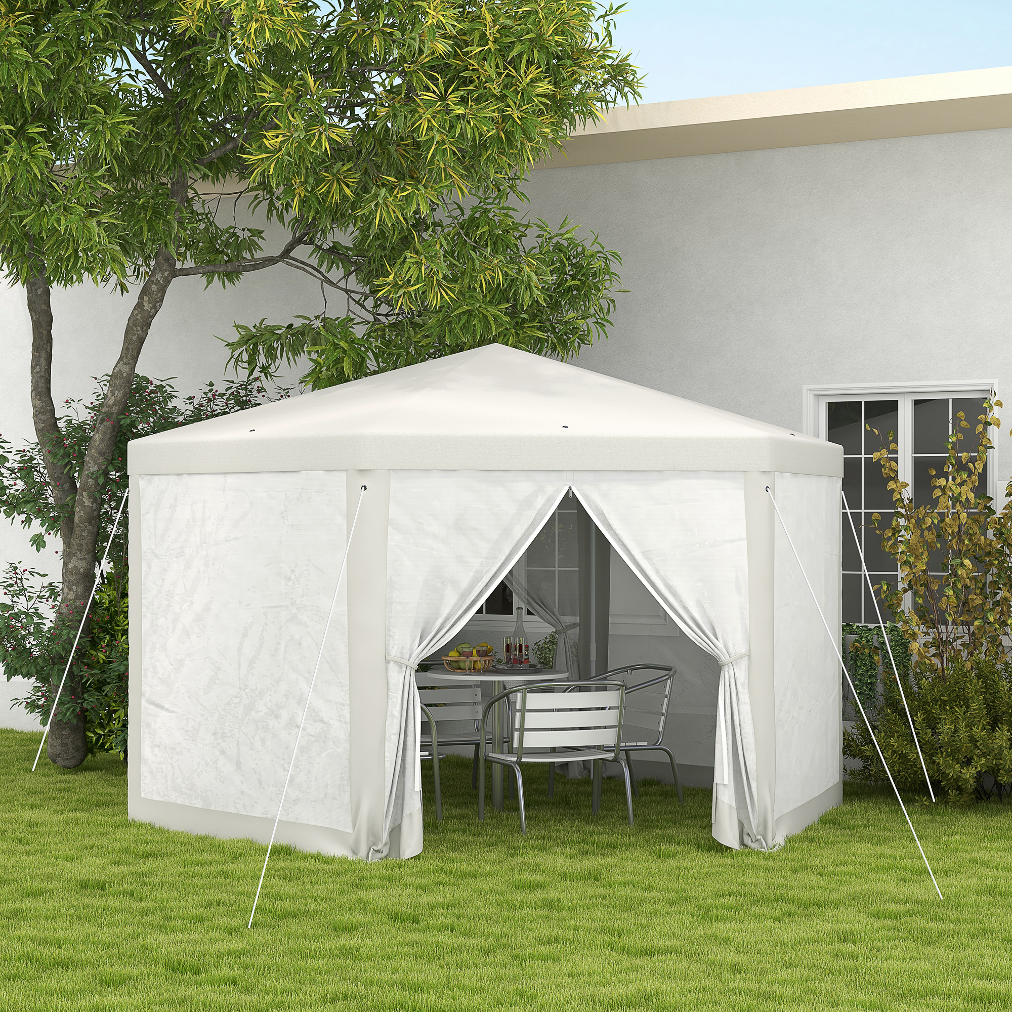 Outsunny Tuinpaviljoen, zeshoekig, met netgordijnen, metalen frame, 4x4x2,5m, Crème
