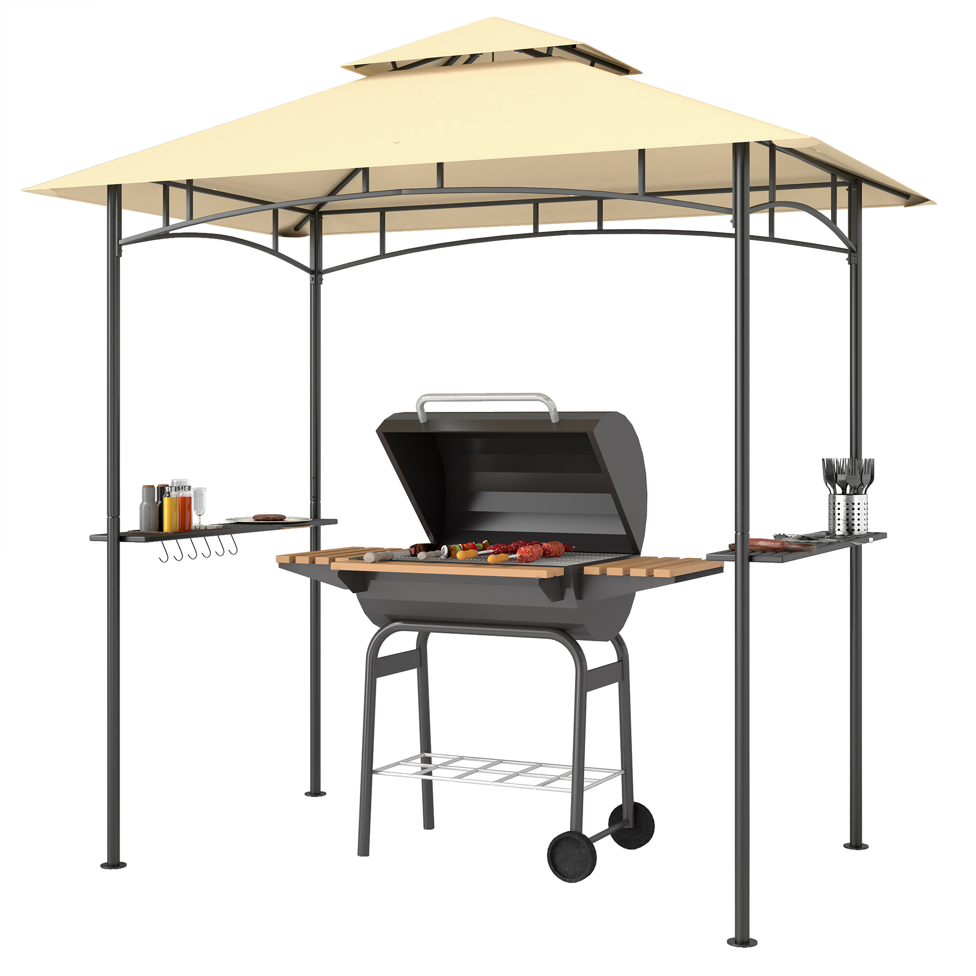 Outsunny Grillpaviljoen met LED 240 x 150 x 258 cm Waterafstotend Vlamvertragend Tuinpaviljoen met Dubbellaagse Overkapping