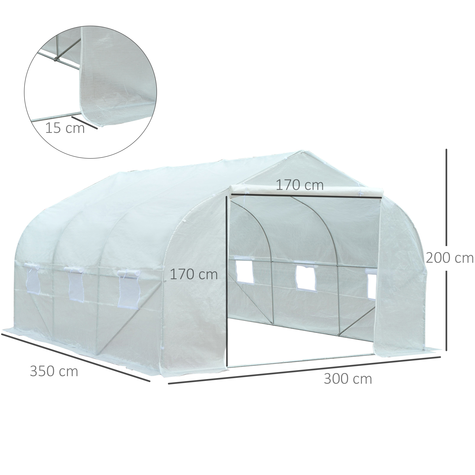 Outsunny Tunnelkas met 6 oprolbare ramen, deur met ritssluiting, scheurbestendige folie, metalen frame, afmetingen 4,45 x 2,99 x 2,05 m