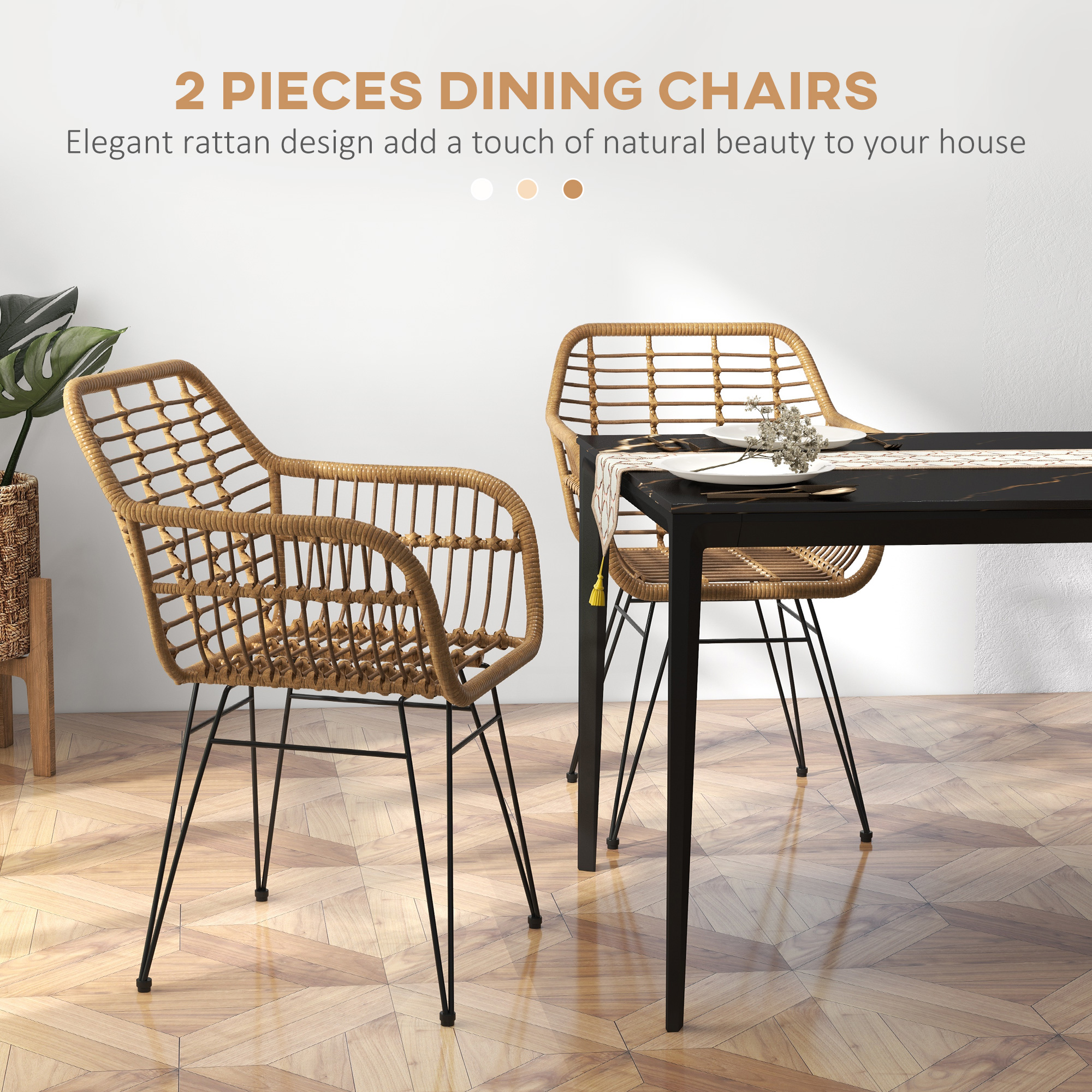 HOMCOM Set van 2 Boho-Stijl Stoelen, Keukenstoelen, PE-Rattan, 56 x 60 x 79 cm, Natuurlijk + Zwart