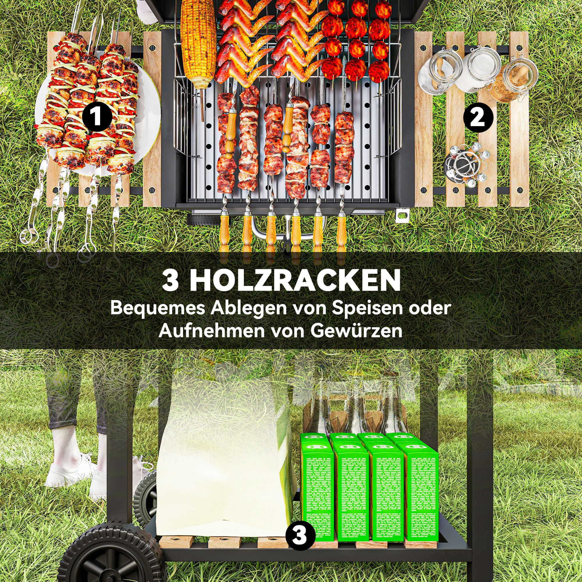 Outsunny Houtskoolgrill met verstelbare kolenbak, grillwagen, planken, thermometer, flesopener, staal, hout, zwart
