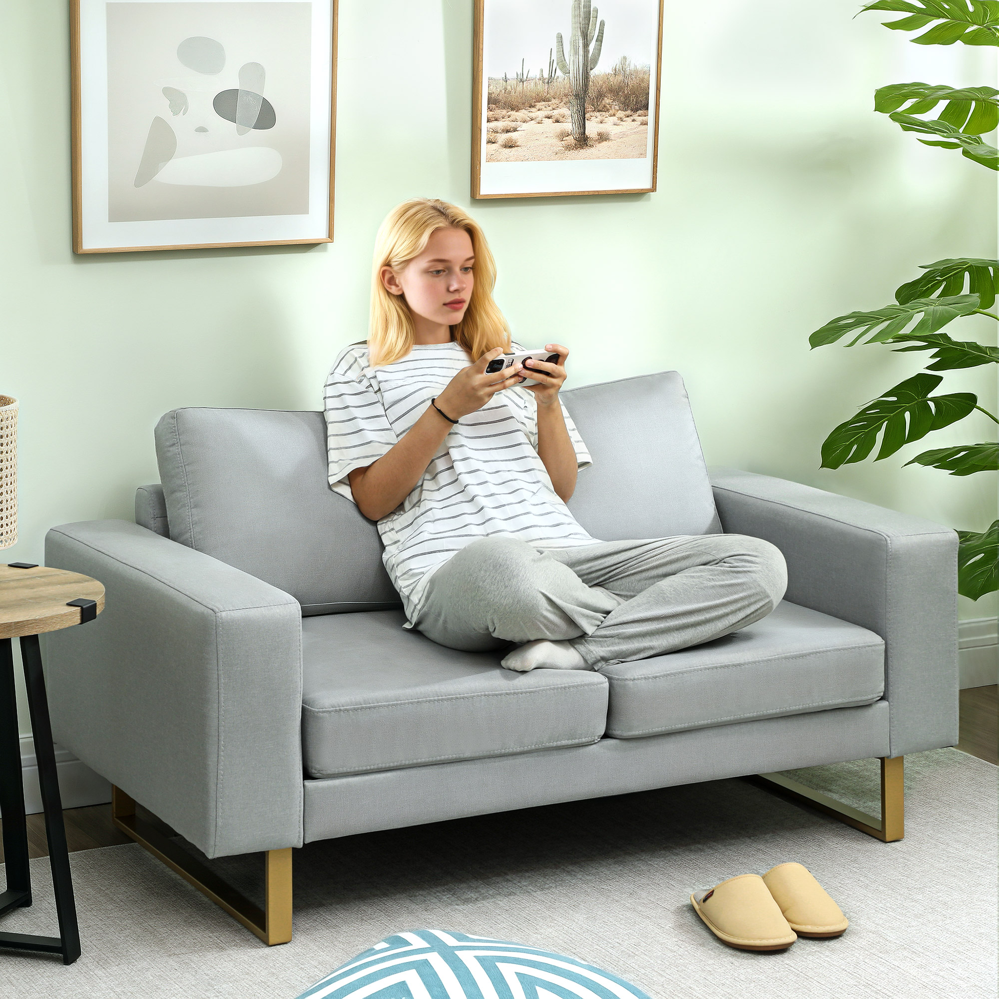 HOMCOM 2-Zitsbank, Sofa met Volhouten Frame, Metalen Poten, Eenvoudig Ontwerp, Lichtgrijs