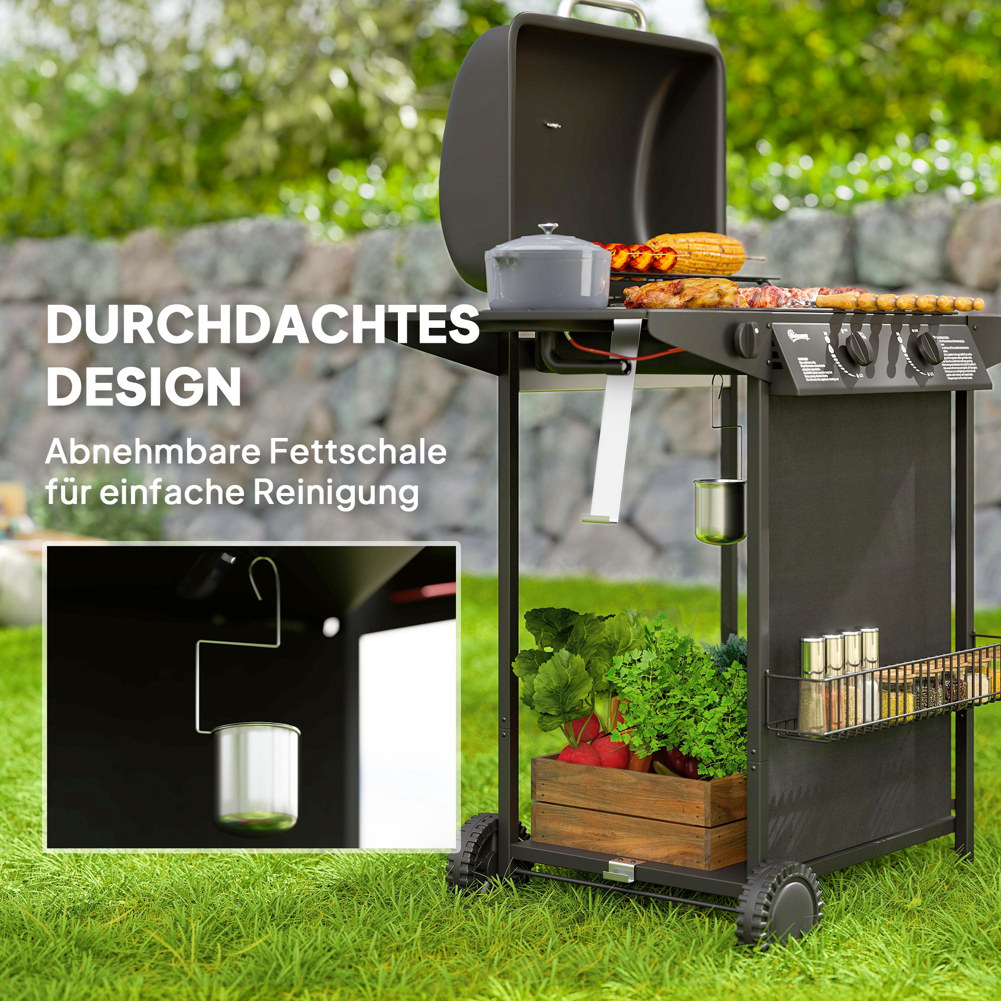 Outsunny Gasbarbecue 7 KW met 3 Branders, Zijbrander, Rollen & Deksel 107 x 54 x 96 cm Zwart