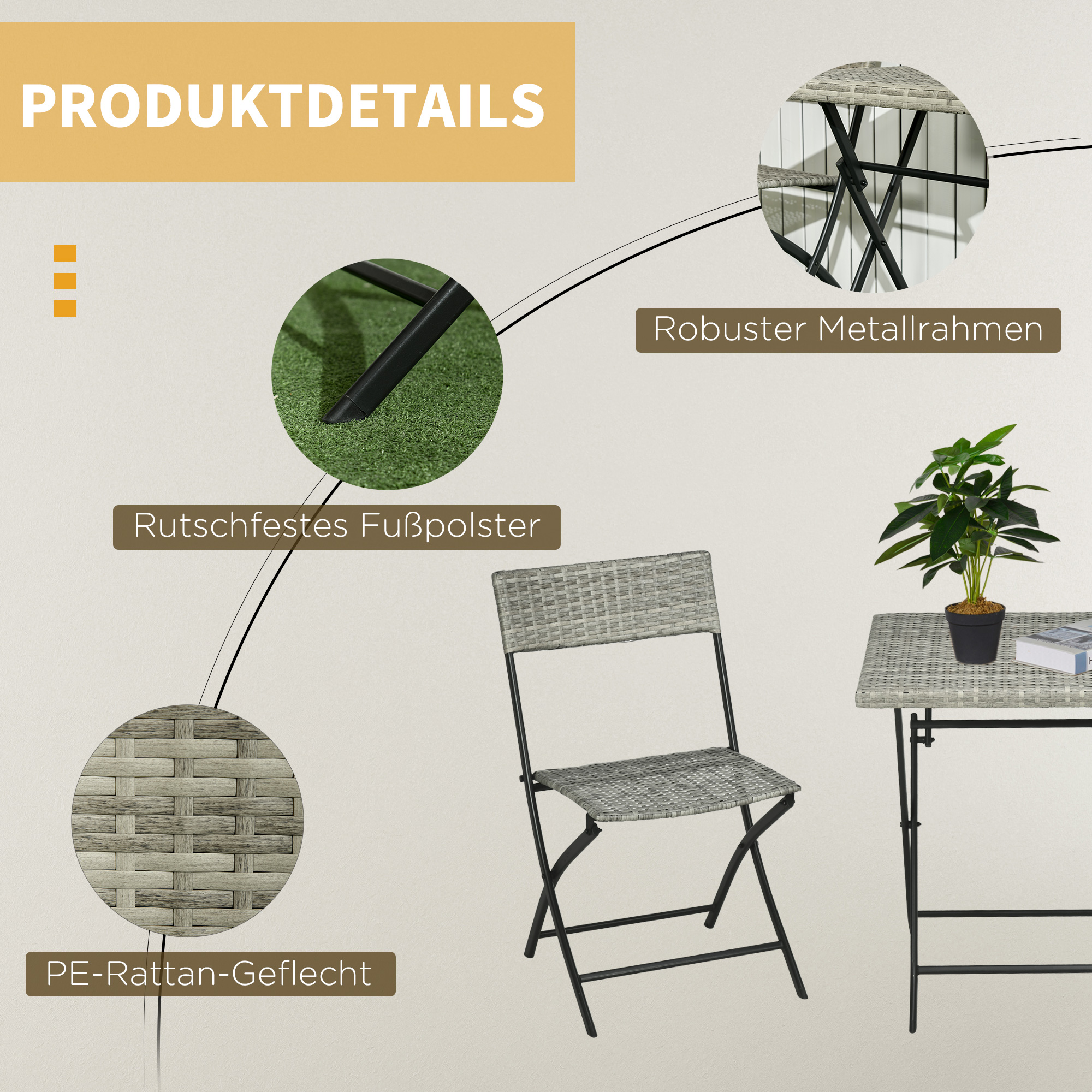 Outsunny Driedelige tuinmeubelset, 2 klapstoelen, 1 klaptafel, rotanlook, metalen frame, lichtgrijs