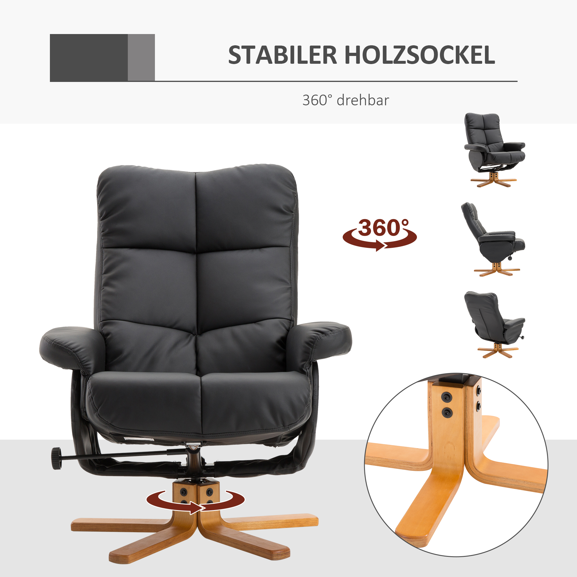 HOMCOM Relaxstoel met kruk tv-stoel 360° draaibaar ligfunctie hout zwart