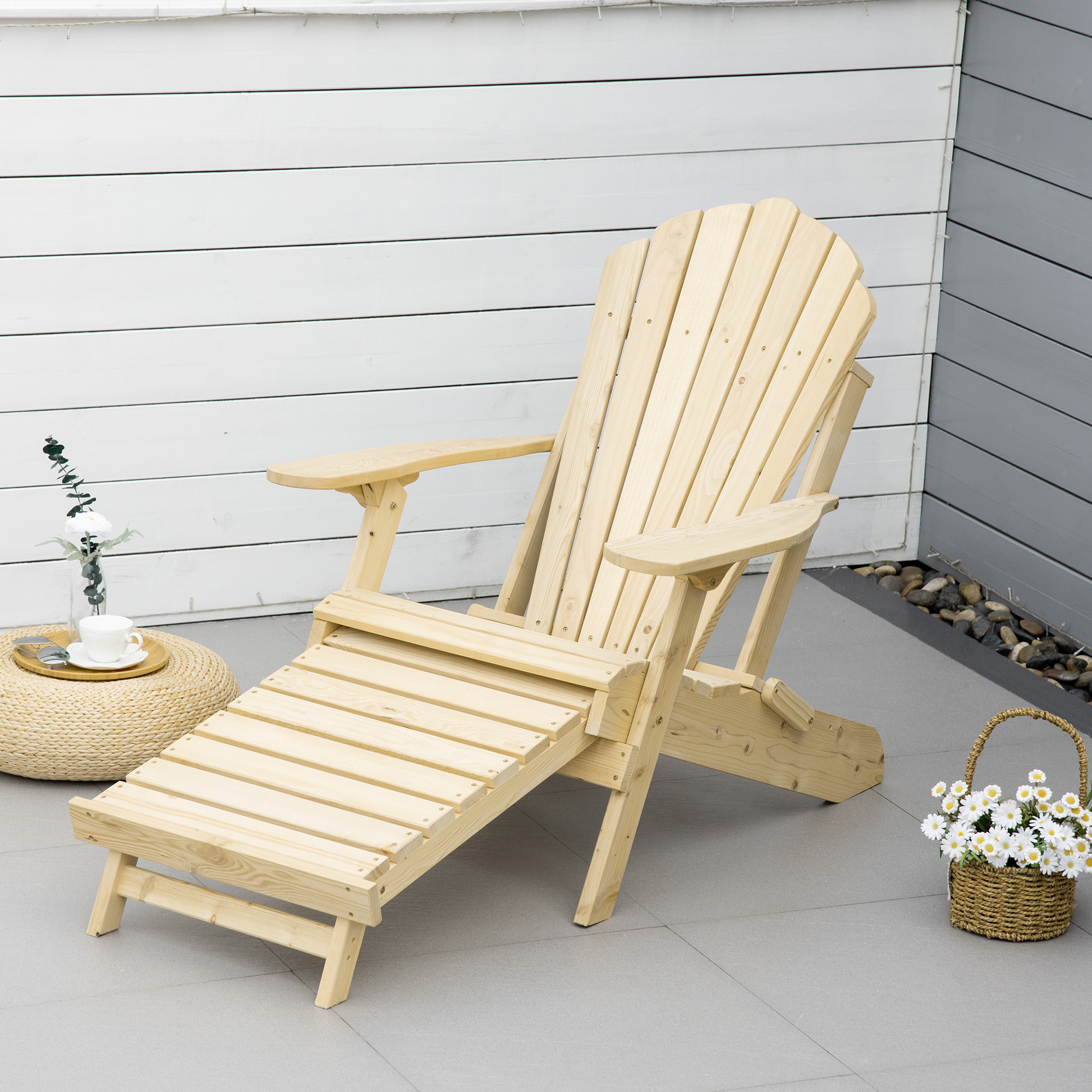 Outsunny Adirondack Tuinstoel met Voetensteun Opvouwbaar Ligstoel Buitenmeubilair Grenenhout Natuur 78 x 140 x 94 cm