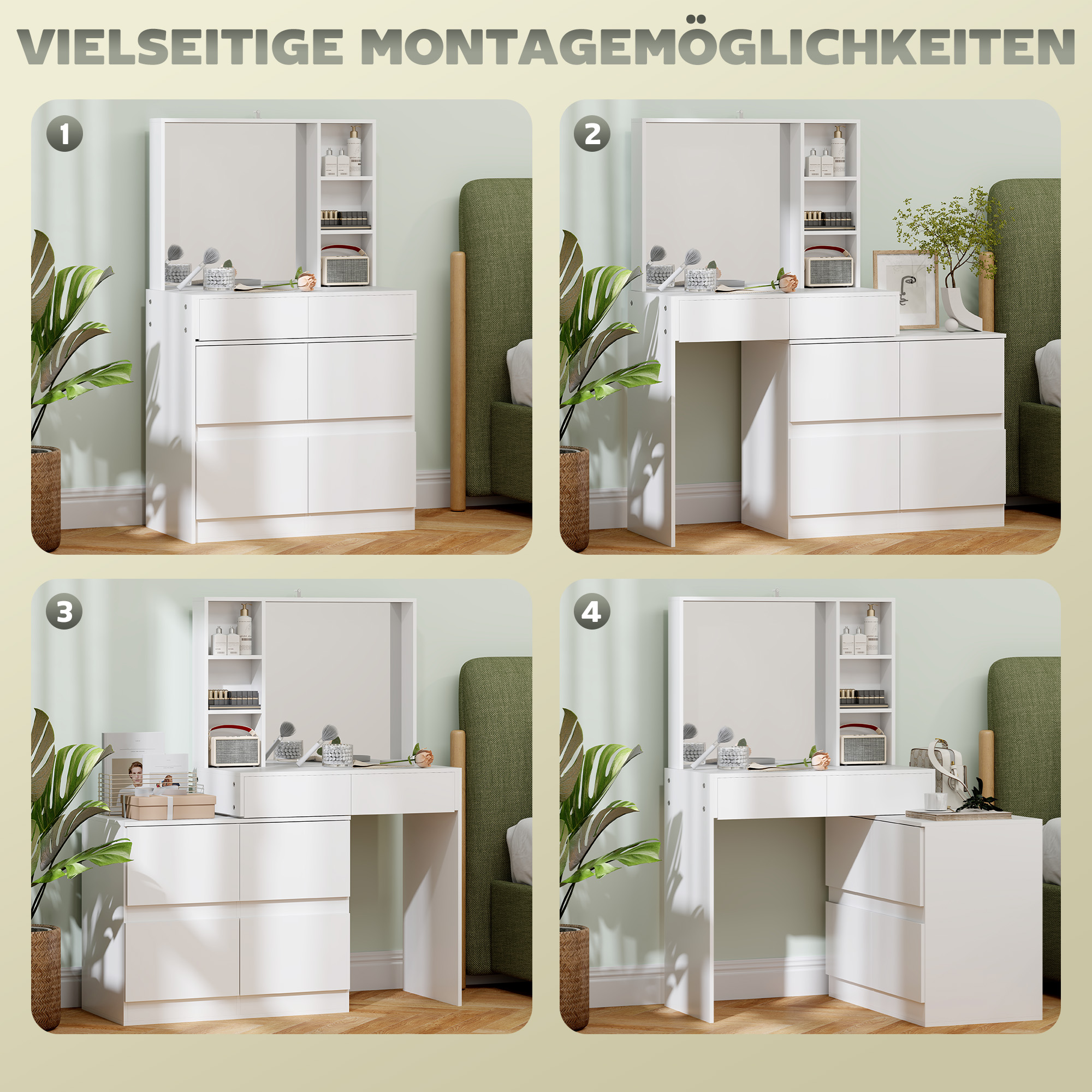 HOMCOM Kaptafel, Makeup-Tafel met Grote Spiegel, 4 Laden, 3 Open Vakken, 2 Kasten, MDF, Wit