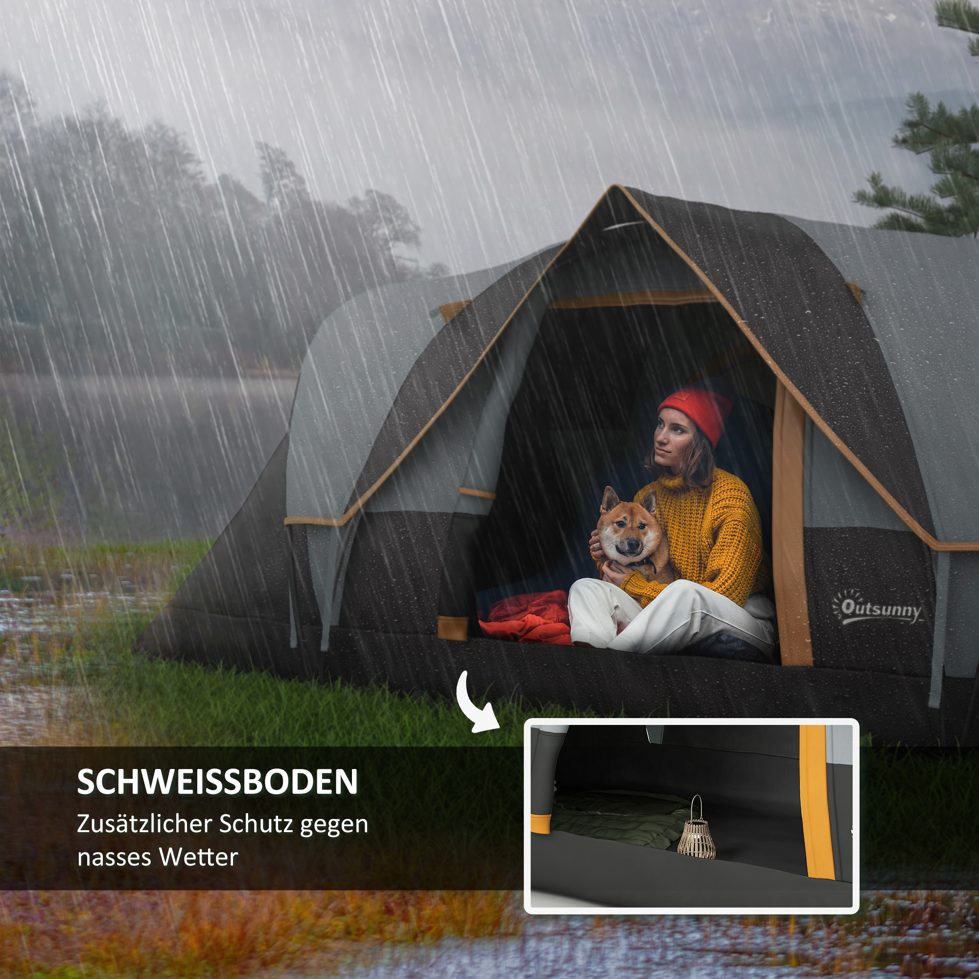 Outsunny Kampeertent voor 5-6 Personen, Familietent, Draagtas, 4,55x2,2x1,8m, Lichtgrijs/Zwart