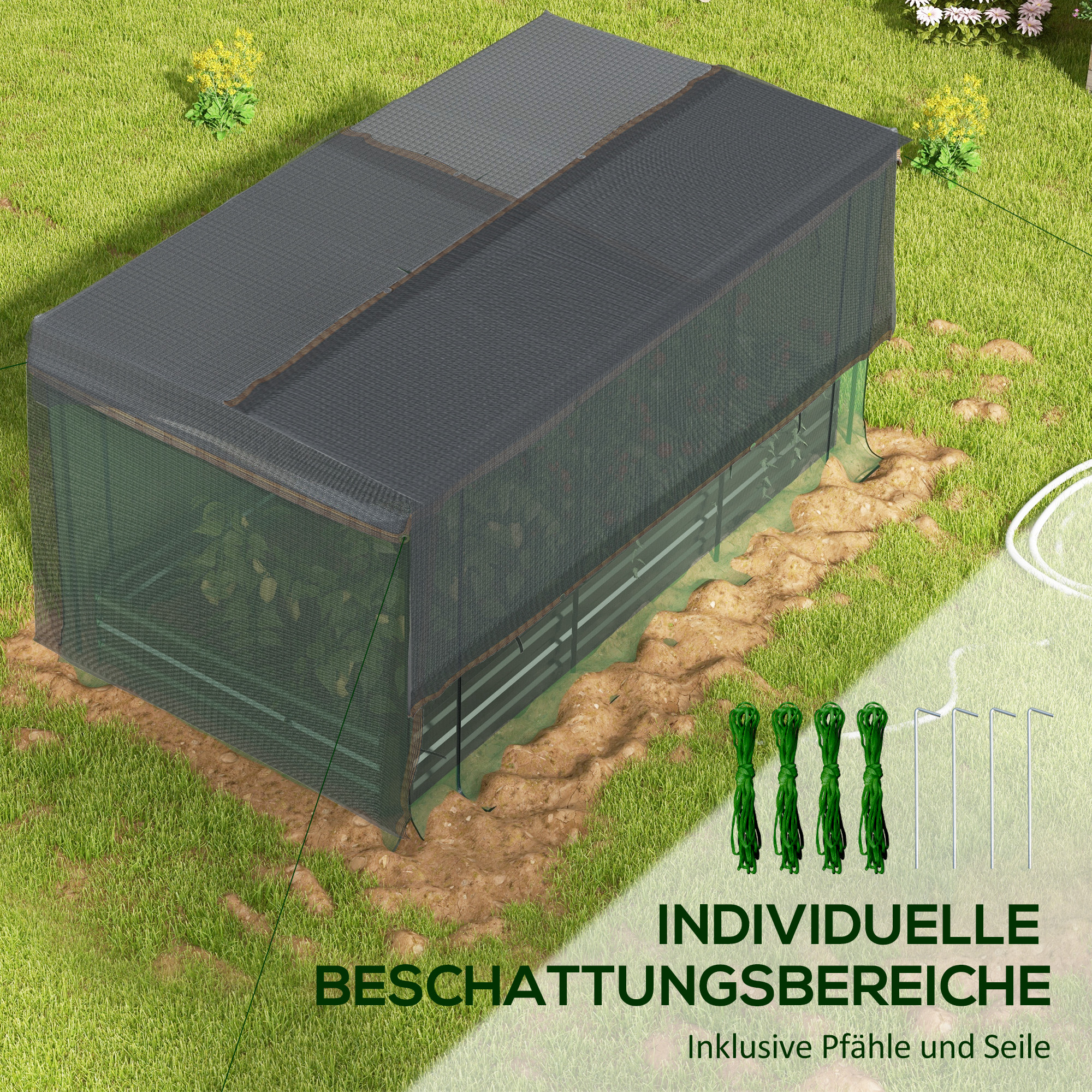 Outsunny Hoge plantenbak met vogelnet en zonnescherm, metalen behuizing, 230x110x110 cm, Grijs/Groen/Zwart