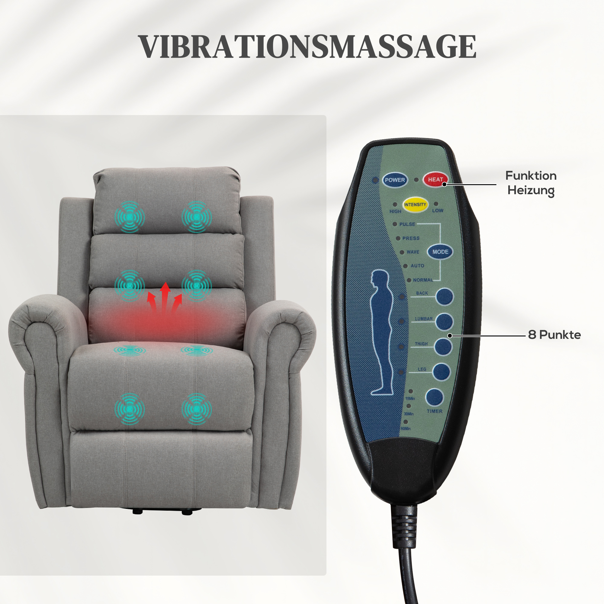 HOMCOM Relaxfauteuil met Opstahulp, 8 Massagepunten, Verwarmbare Rugleuning, Linnenlook, Grijs