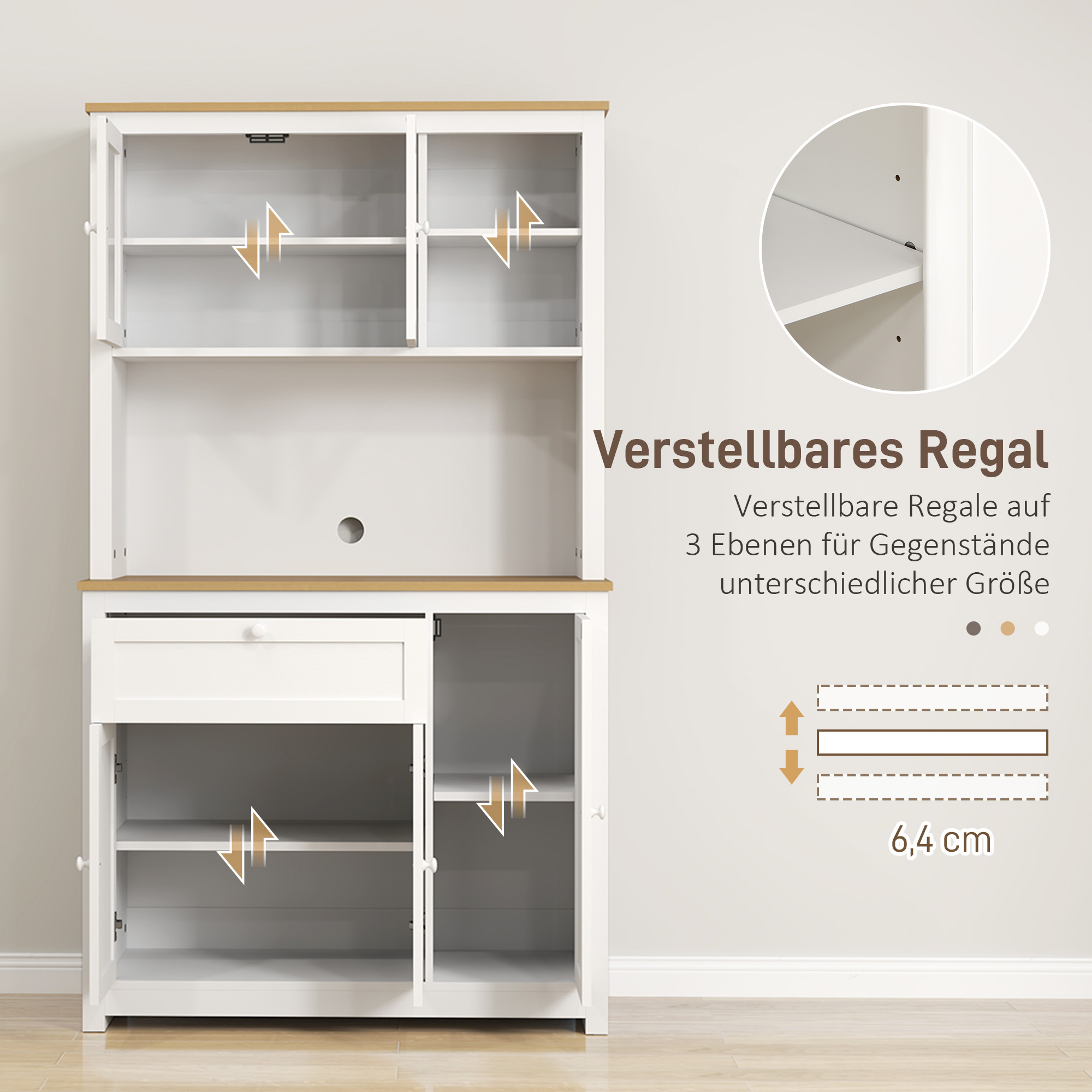 HOMCOM Landhuisstijl Keukenkast, 1 Vitrine, 1 Open Schap, 1 Lade, 2 Kasten, Natuur + Wit