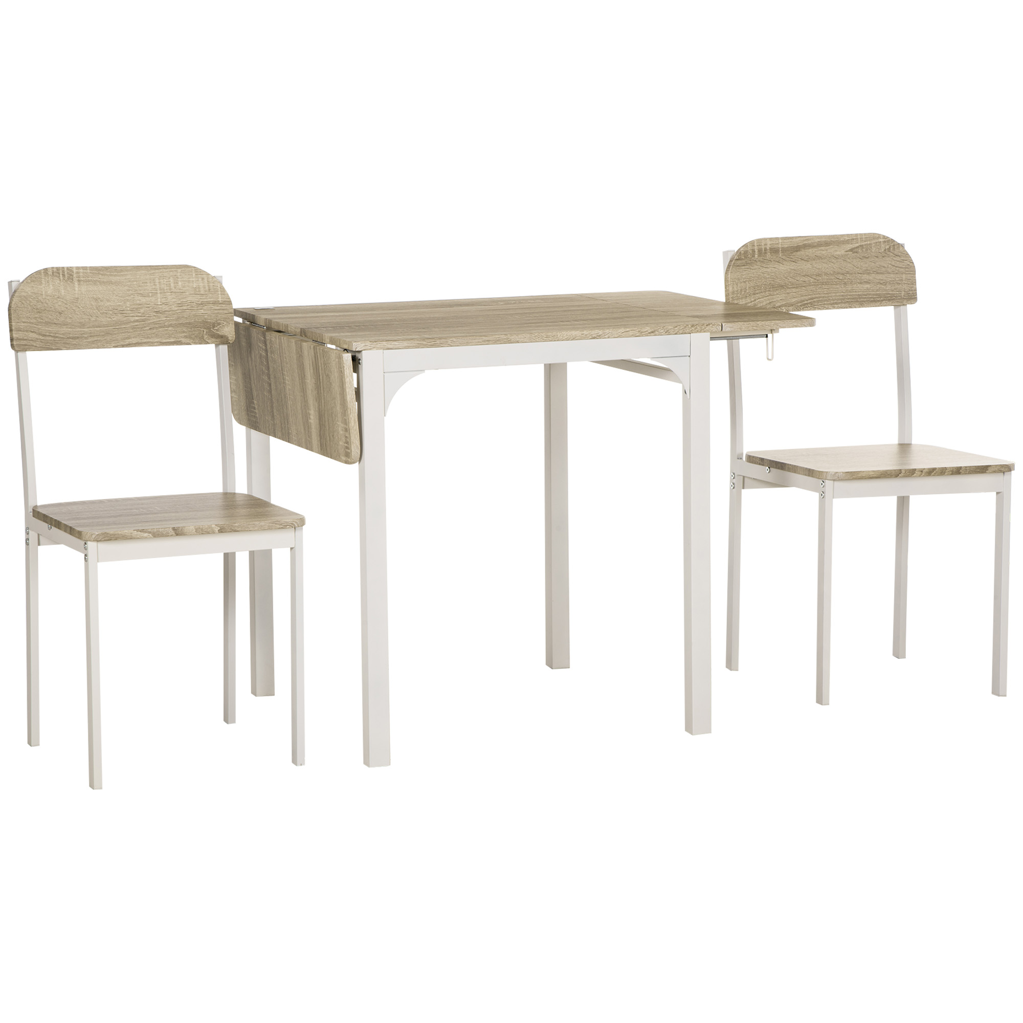 HOMCOM 3-delige Eetkamerset, Klaptafel met 2 Stoelen, 110 cm x 70 cm x 75 cm, Wit + Natuur