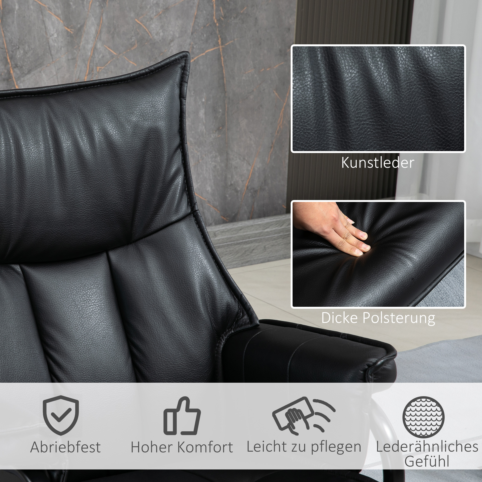 Homcom relaxfauteuil met kruk, draaibaar, verstelbare rugleuning, stalen frame, zwart