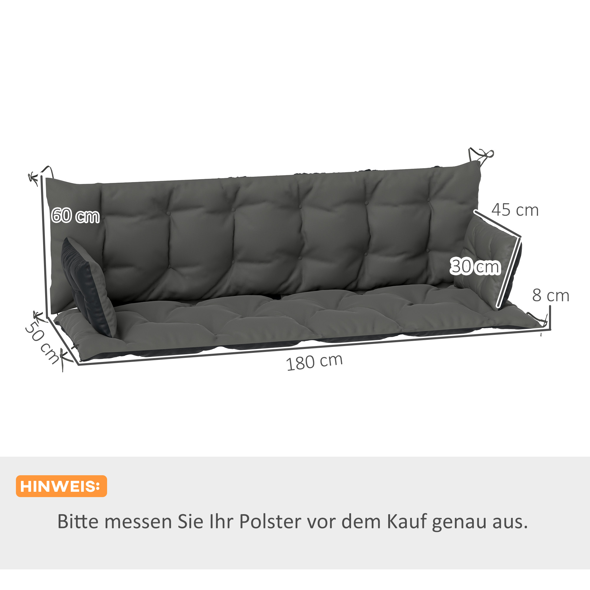 Outsunny Outdoor kussen set voor bank of schommelbank, tweezijdig, polyester, schuim, 180 x 110 x 8 cm, Donkergrijs