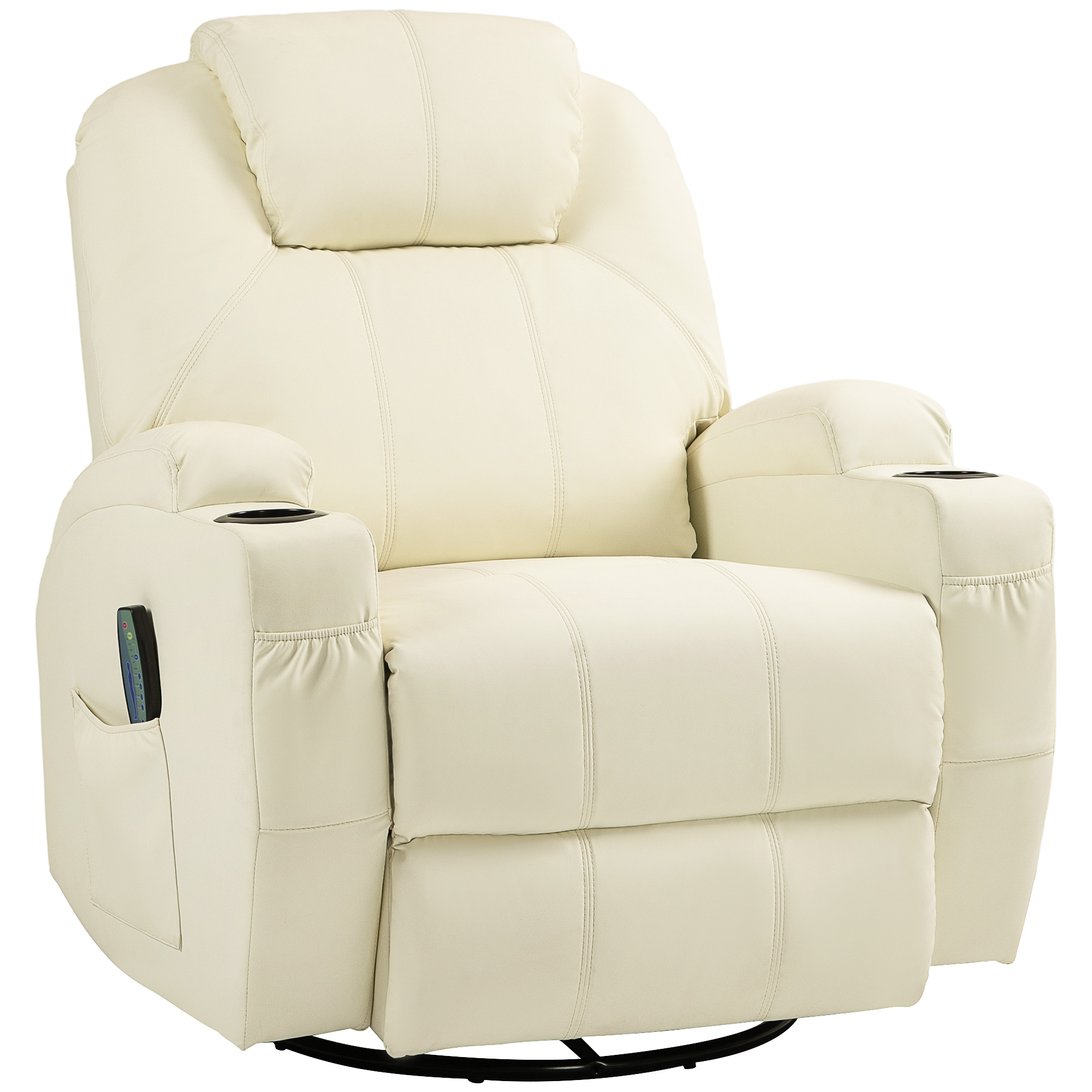 HOMCOM Relaxfauteuil met Massagefunctie, Kantelbare Rugleuning, Draaibaar, tot 150 kg, Kunstleer, Crèmewit