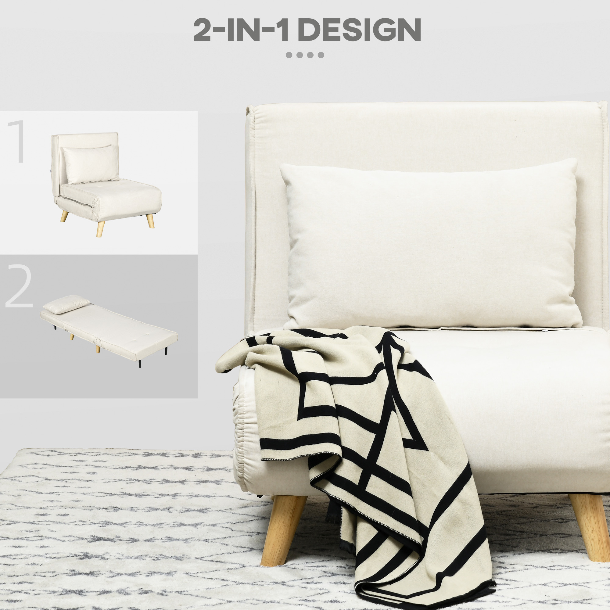 HOMCOM Slaapstoel, 6-staps verstelbare leuning, Linnenlook, tot 150 kg, Roomwit