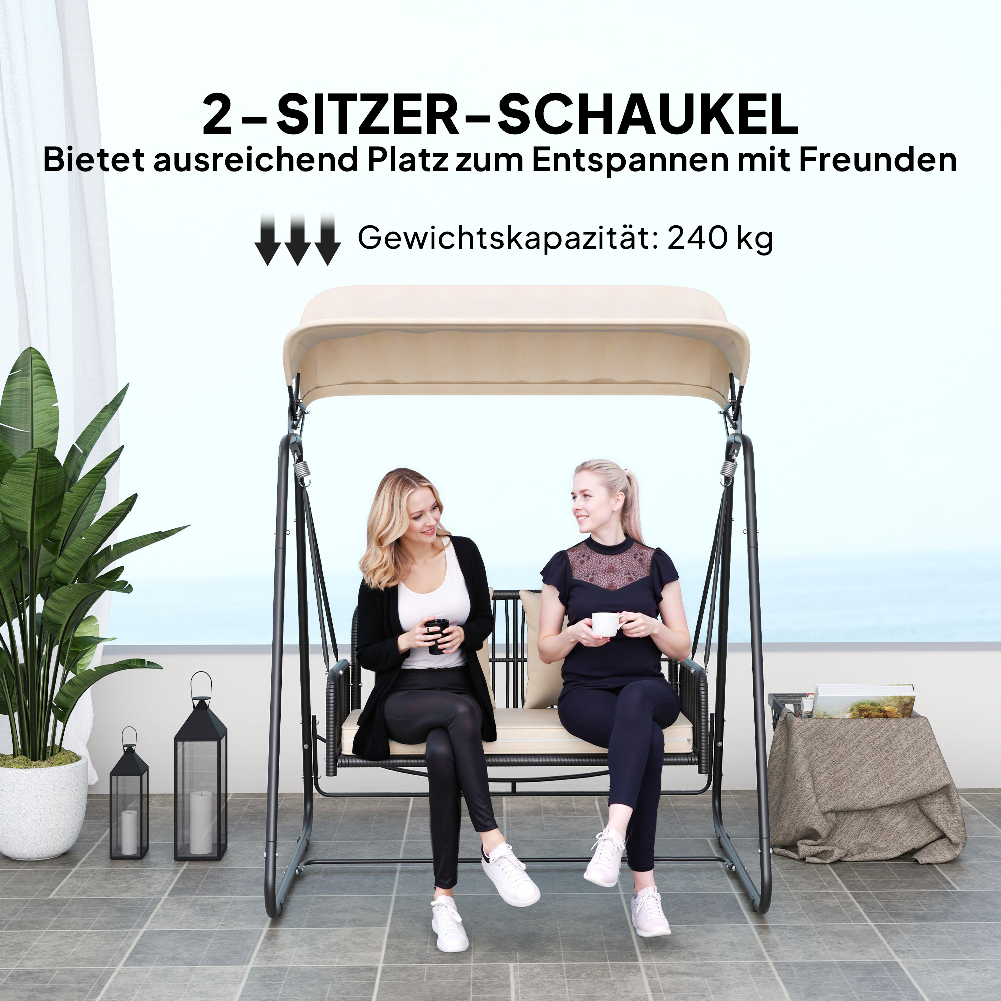 Outsunny Rattan Hollywoodschommel voor 2 Personen met Zonnedak en Kussens, Belastbaar tot 240 kg, 149 x 121 x 180 cm, Khaki