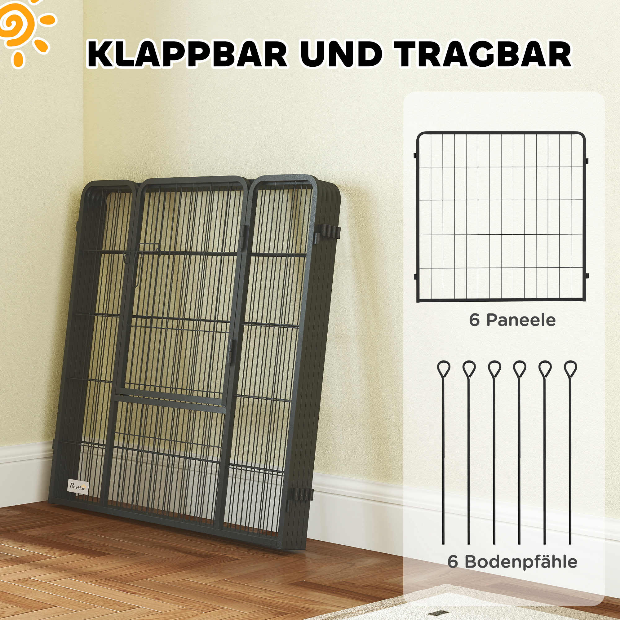 PawHut Hondenomheining, Huisdierengehege, 6 Panelen, Staal, Opvouwbaar, Zwart