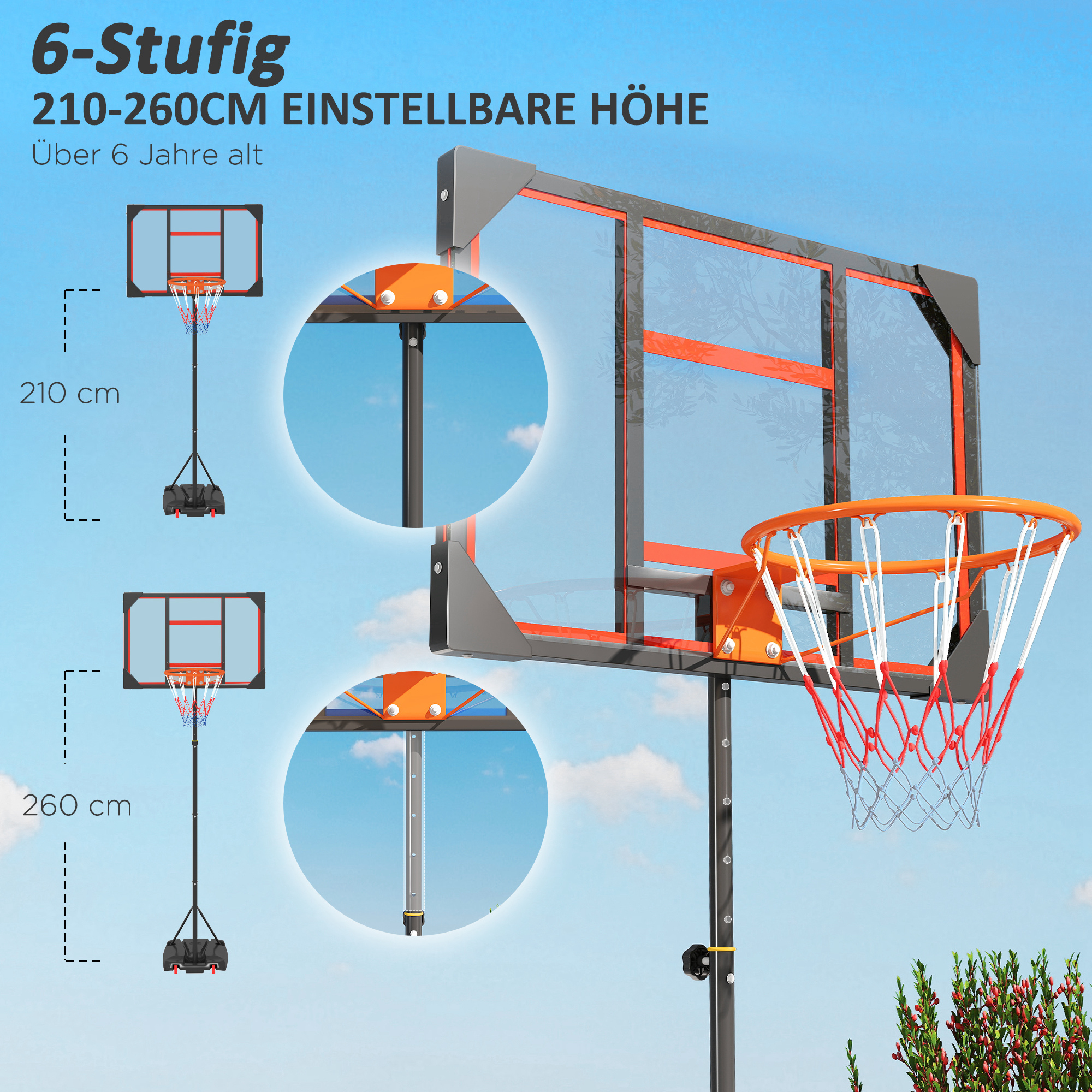 AIYAPLAY Kinderbasketbalring, buiten, voor kinderen, 210-260 cm in hoogte verstelbaar, met wielen, vanaf 6 jaar, Rood