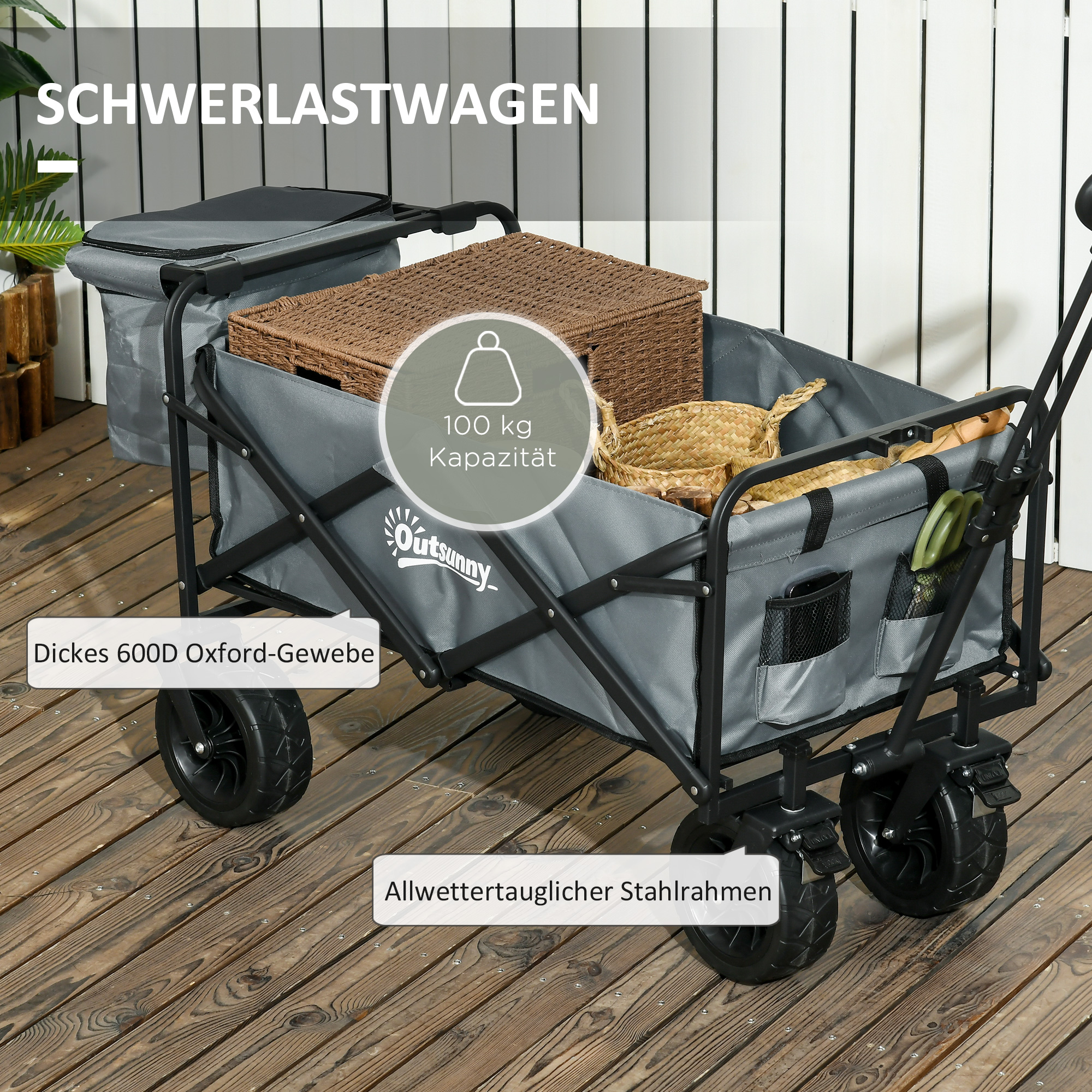 Outsunny Opvouwbare Bolderkar met Koeltas - Stalen Frame - Draagvermogen tot 100 kg - Afmetingen 113x57x77-100 cm - Donkergrijs