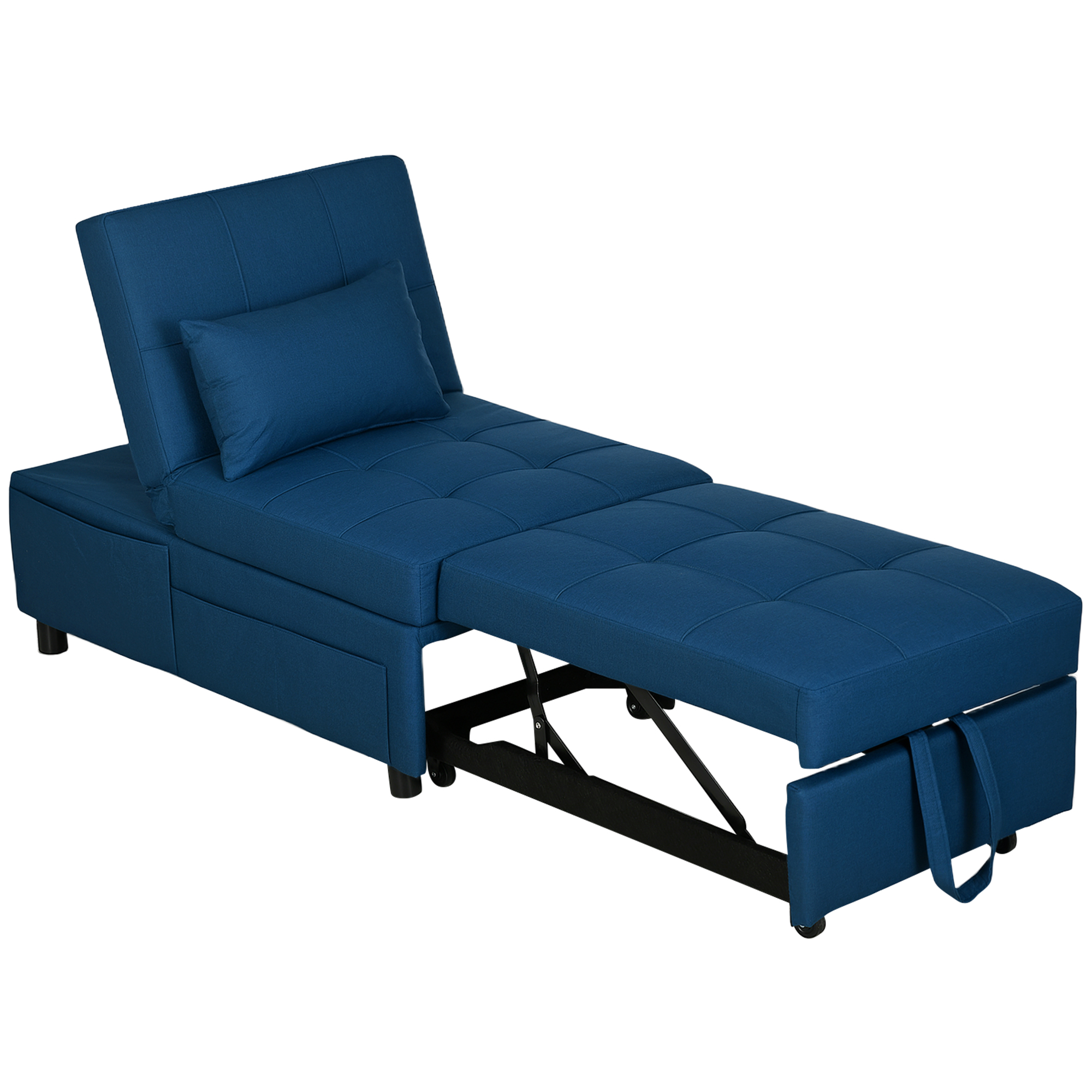 HOMCOM 3-in-1 Opvouwbare Fauteuil met Zijvak, Gastenbed met Kussen, Verstelbare Rugleuning, Stoelbed met Wielen, Blauw