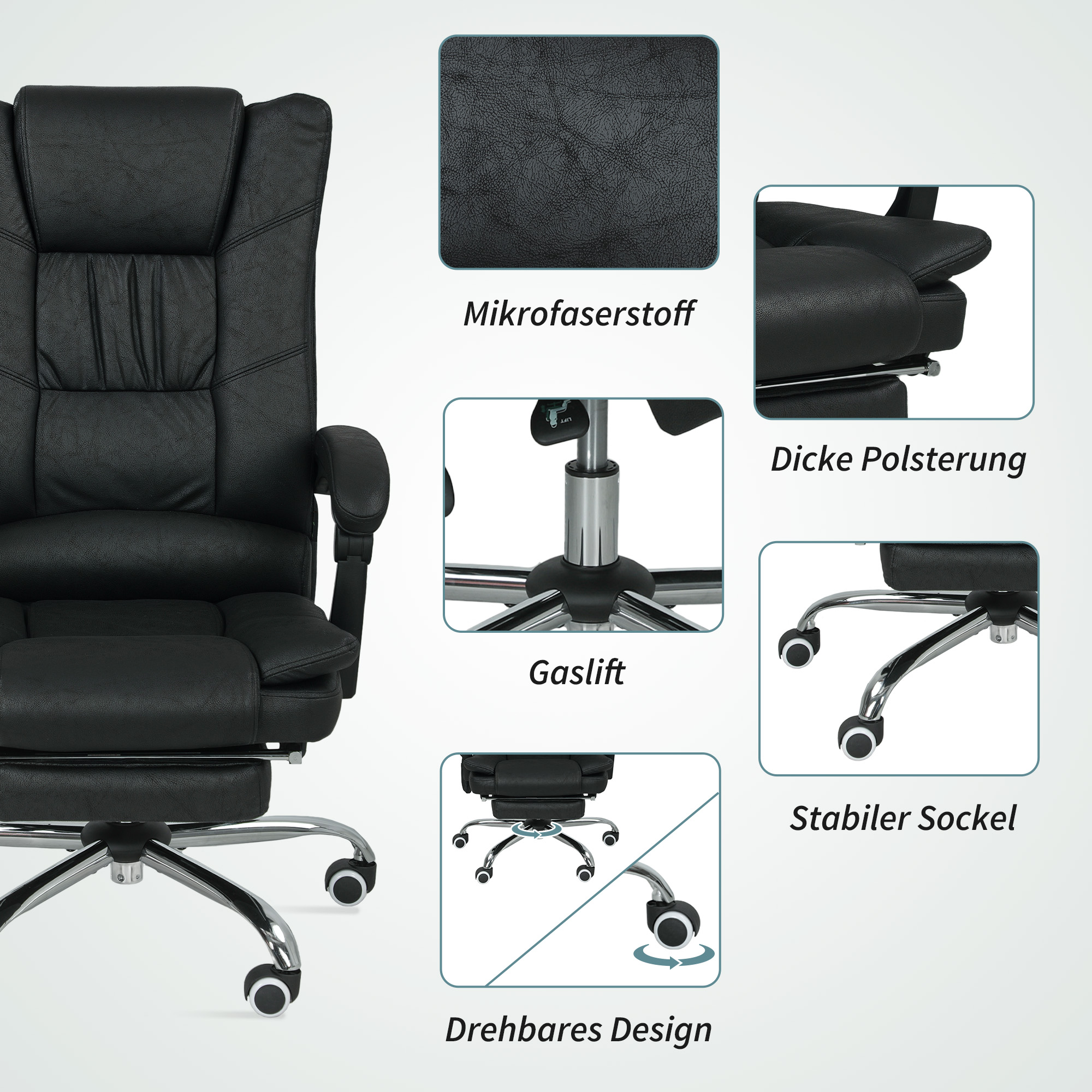 Vinsetto Massagestoel Bureau met Massagefunctie, incl. Voetensteun, Verstelbaar, 64 cm x 70 cm x 118 cm, Zwart