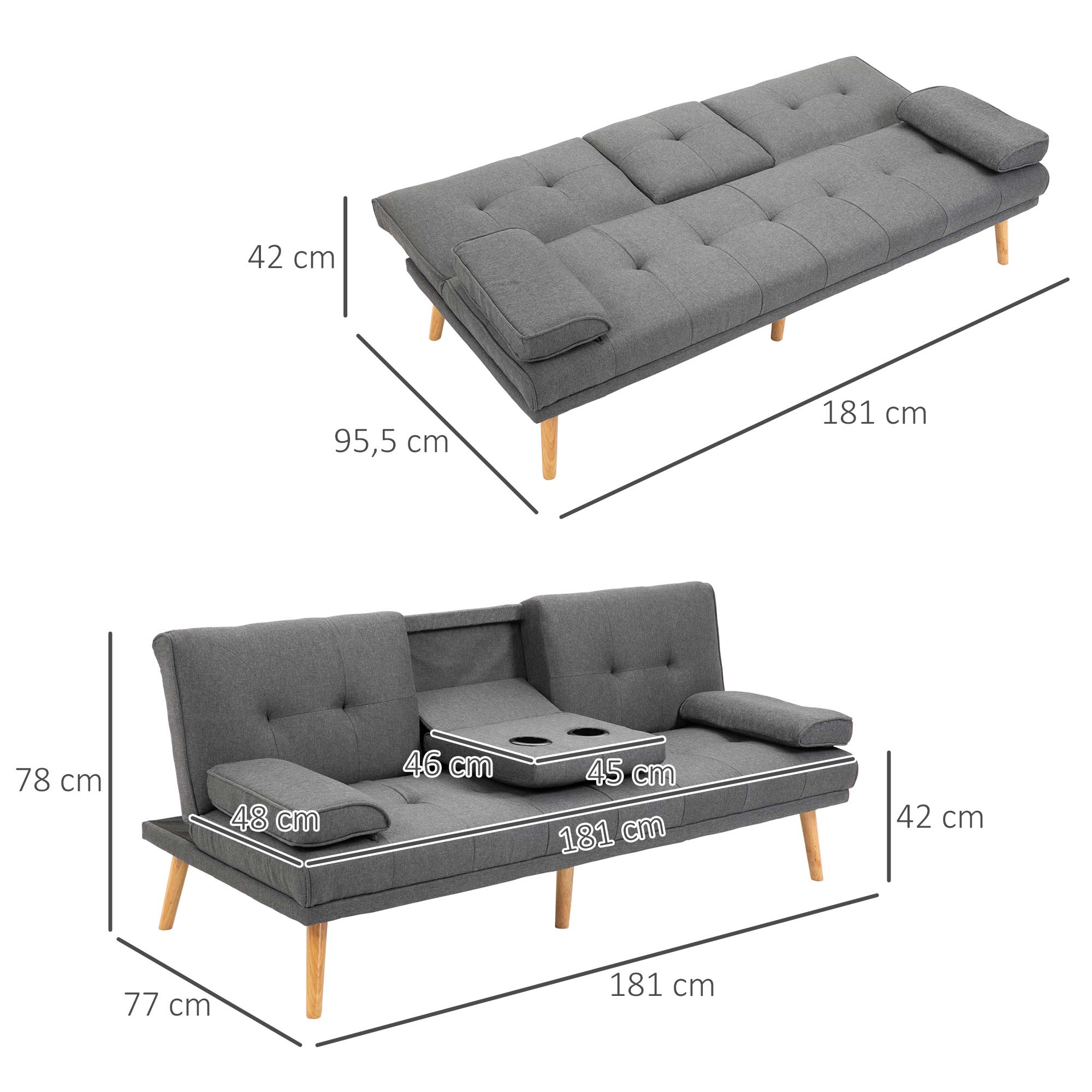 HOMCOM Slaapbank in Scandinavisch design, 3-zitsbank, 2 kussens, Grijs + Natuur