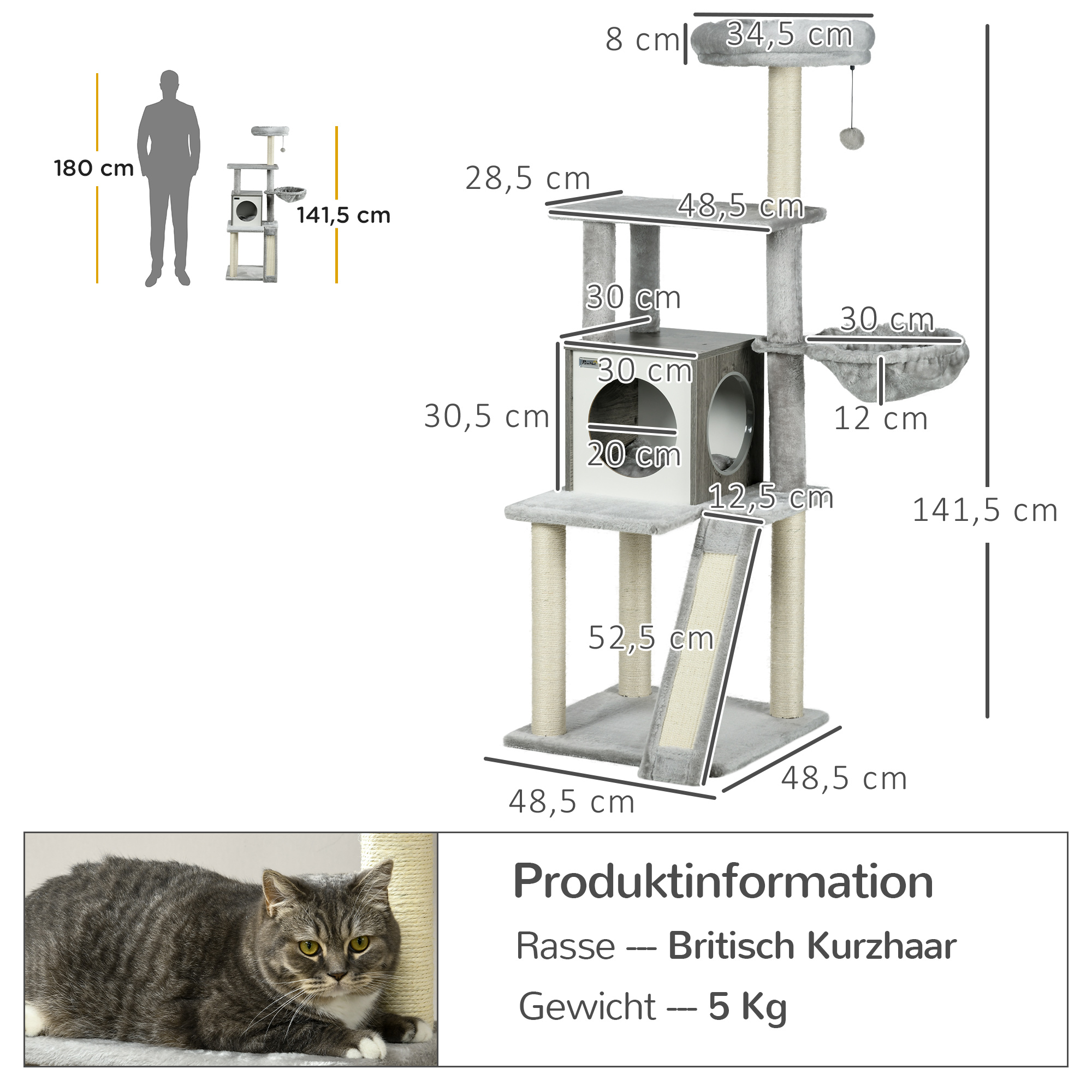 PawHut Krabpaal met kattenhol. Kattenboom, 1 kattenhol, 1 hangmat, 1 kattenbed, 1 ligplaats, natuur + wit + grijs