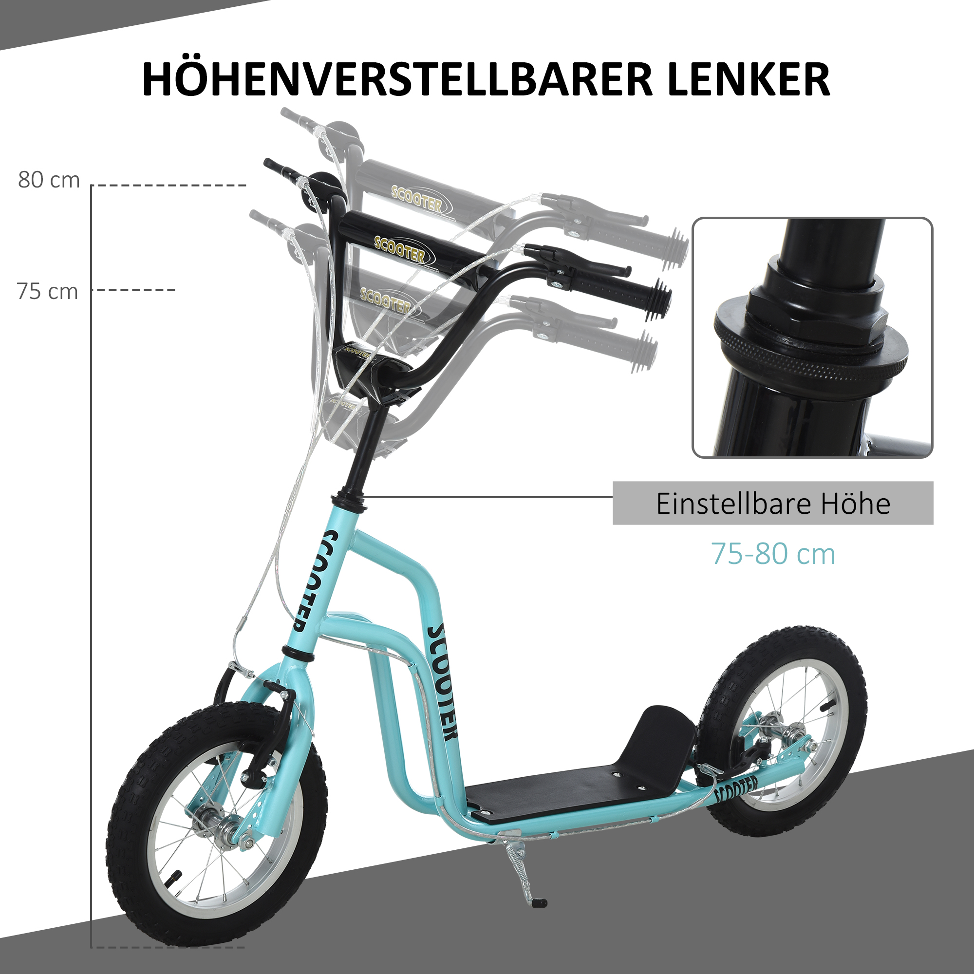 HOMCOM kinderscooter stuur verstelbare step step stadsscooter kinderstep kickboard met luchtbanden 12 inch vanaf 5 jaar blauw 120 x 58 x 75-80 cm