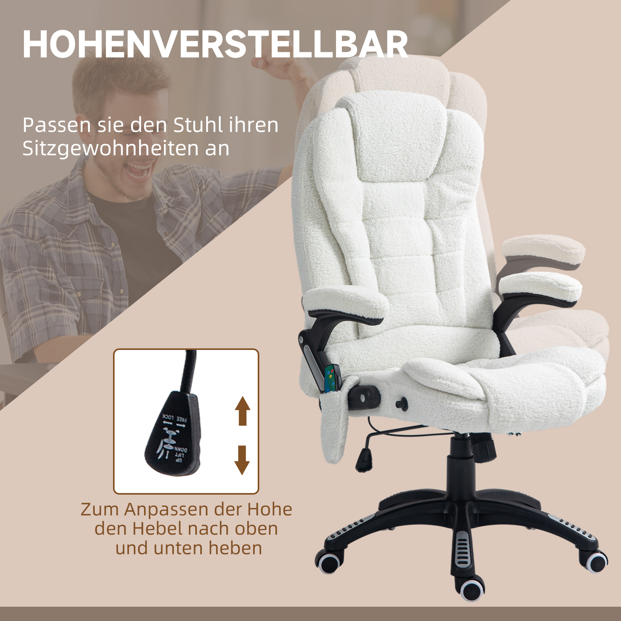 Vinsetto Bureaustoel met massagefunctie, verstelbaar in hoogte, 67 x 74 x 107-116 cm, wit