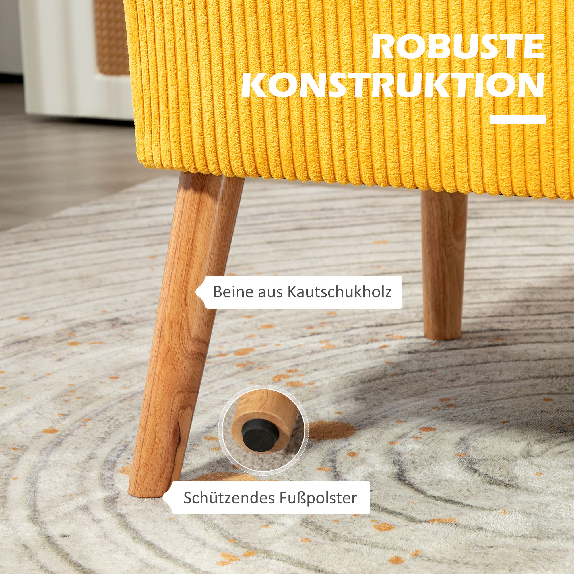 HOMCOM Tweezitsbank in elegant Scandinavisch ontwerp, stevig houten frame, tot 150 kg, 117 x 56,5 x 77 cm, Geel