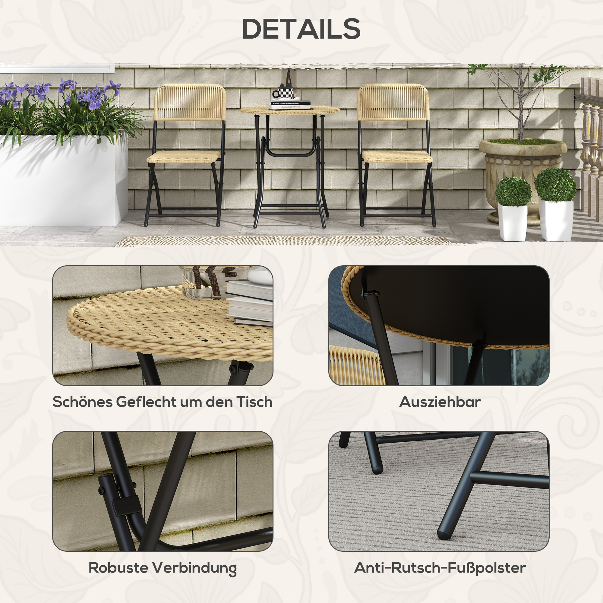 Outsunny Bistroset in Rattanlook, 2 stoelen met ronde tafel, inklapbaar, stalen frame, geel