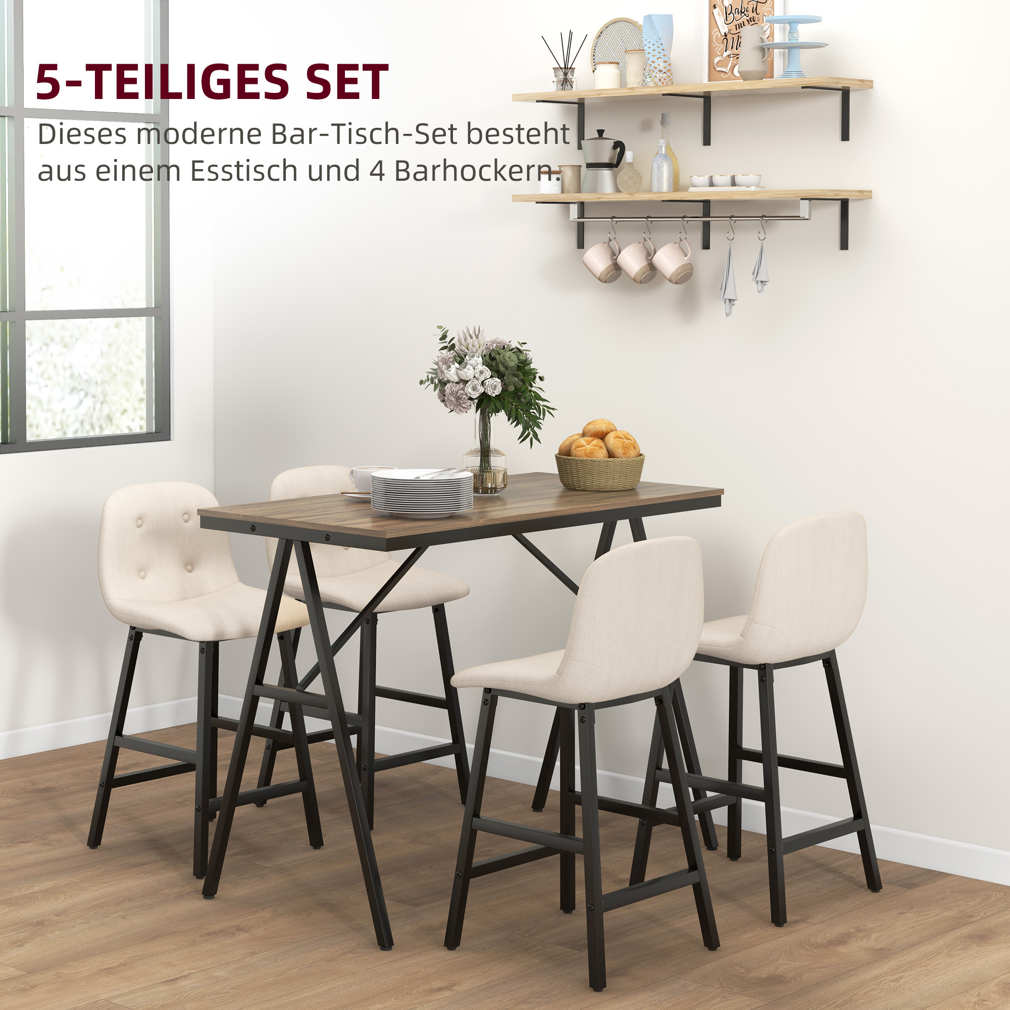 HOMCOM 5-delige Bargarnituur, Tafel en 4 Stoelen, Knoopstiksel, Dikke Bekleding, Linnenlook, Beige