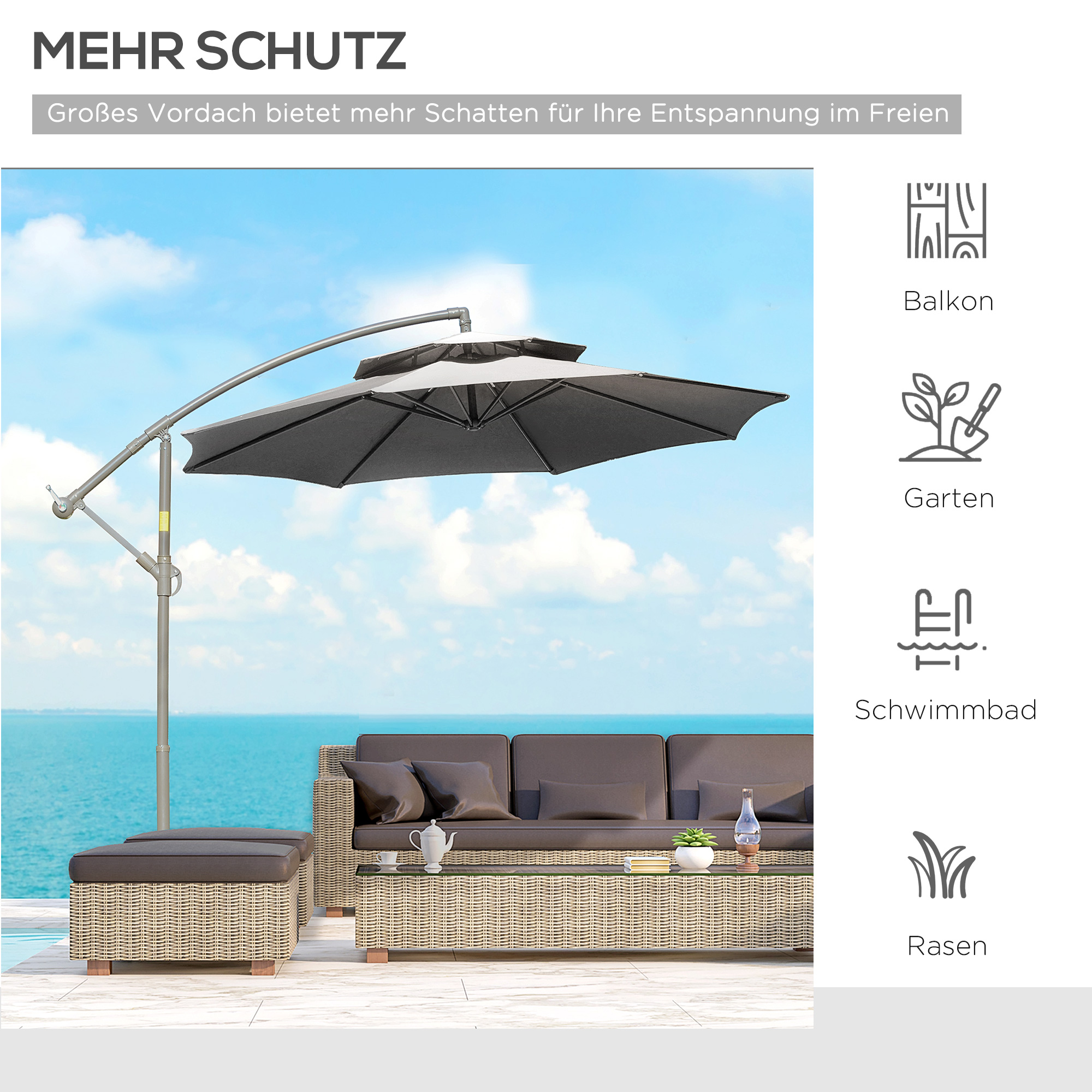 Outsunny Parasol 2,7 m Vrijdragende Parasol met Kruisvoet Staal Buiten Lichtgrijs