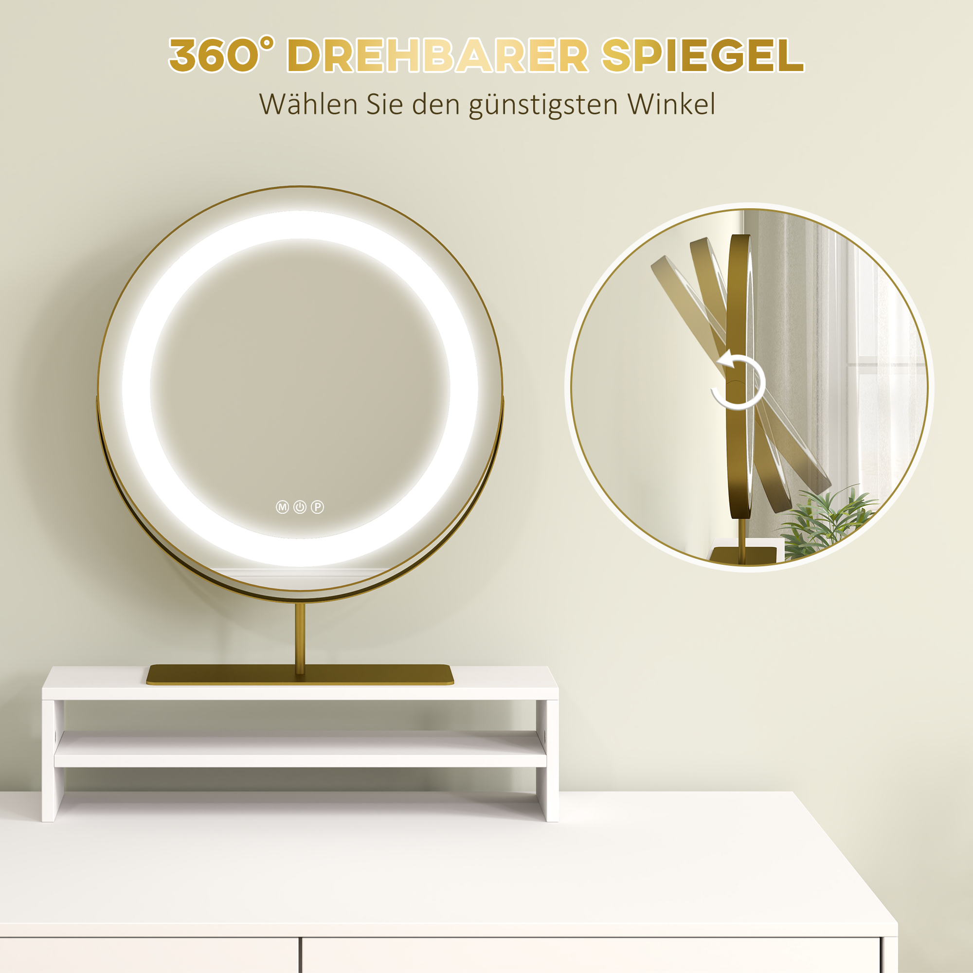 HOMCOM Kaptafel met 360° Spiegel, LED-verlichting, 2 Laden, Wit/Goud