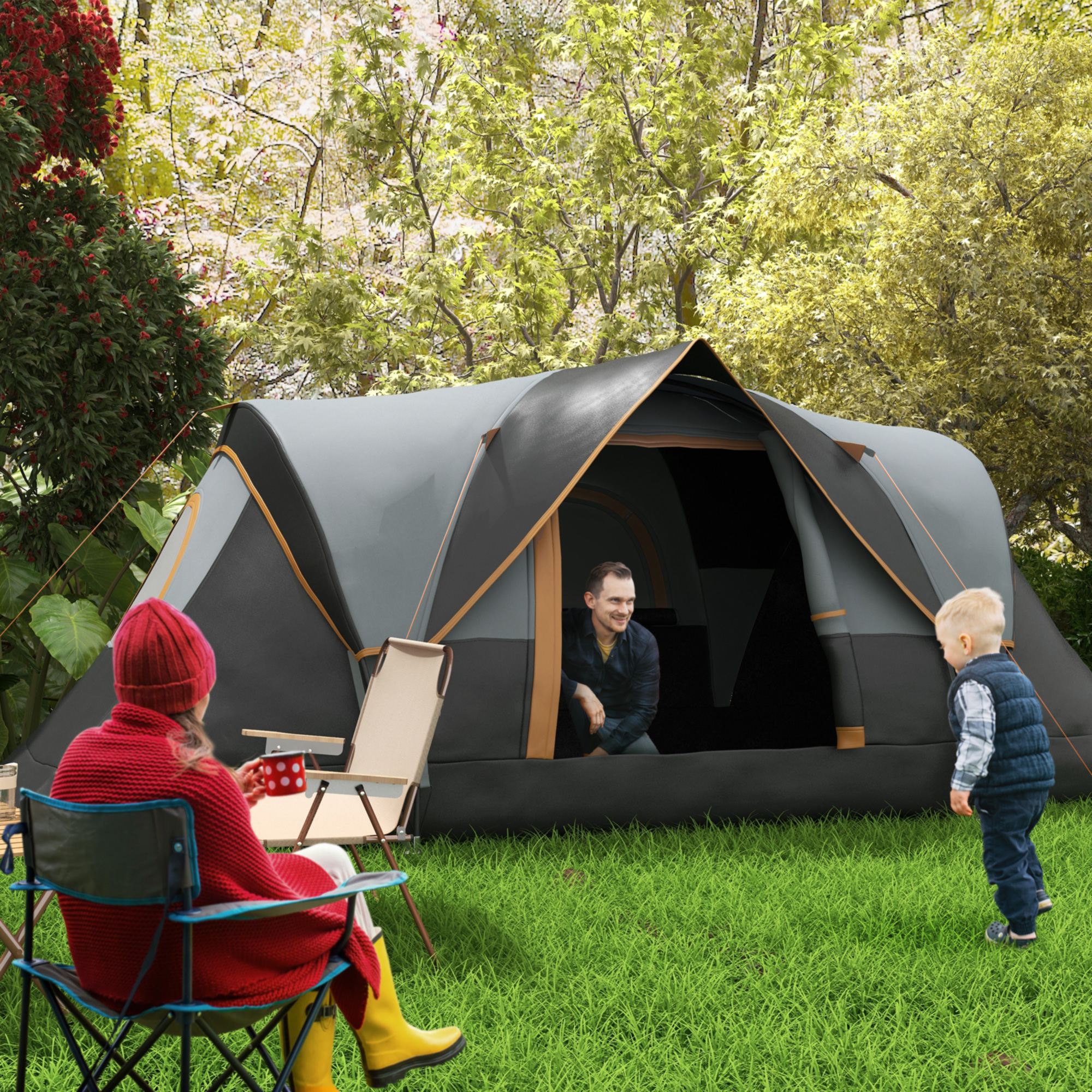 Outsunny Kampeertent voor 5-6 Personen, Familietent, Draagtas, 4,55x2,2x1,8m, Lichtgrijs/Zwart