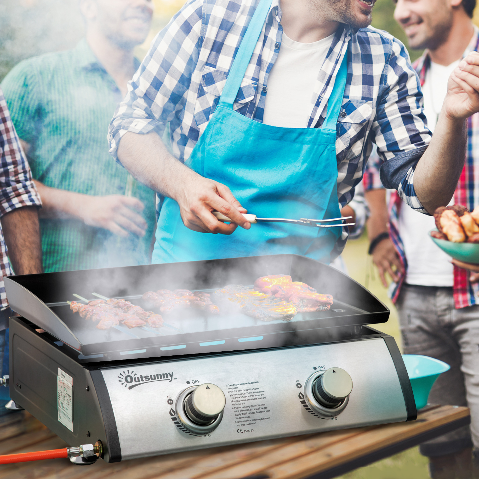 Outsunny tafelgrill gasgrill BBQ met 2 branders, tafelgasgrill met slang