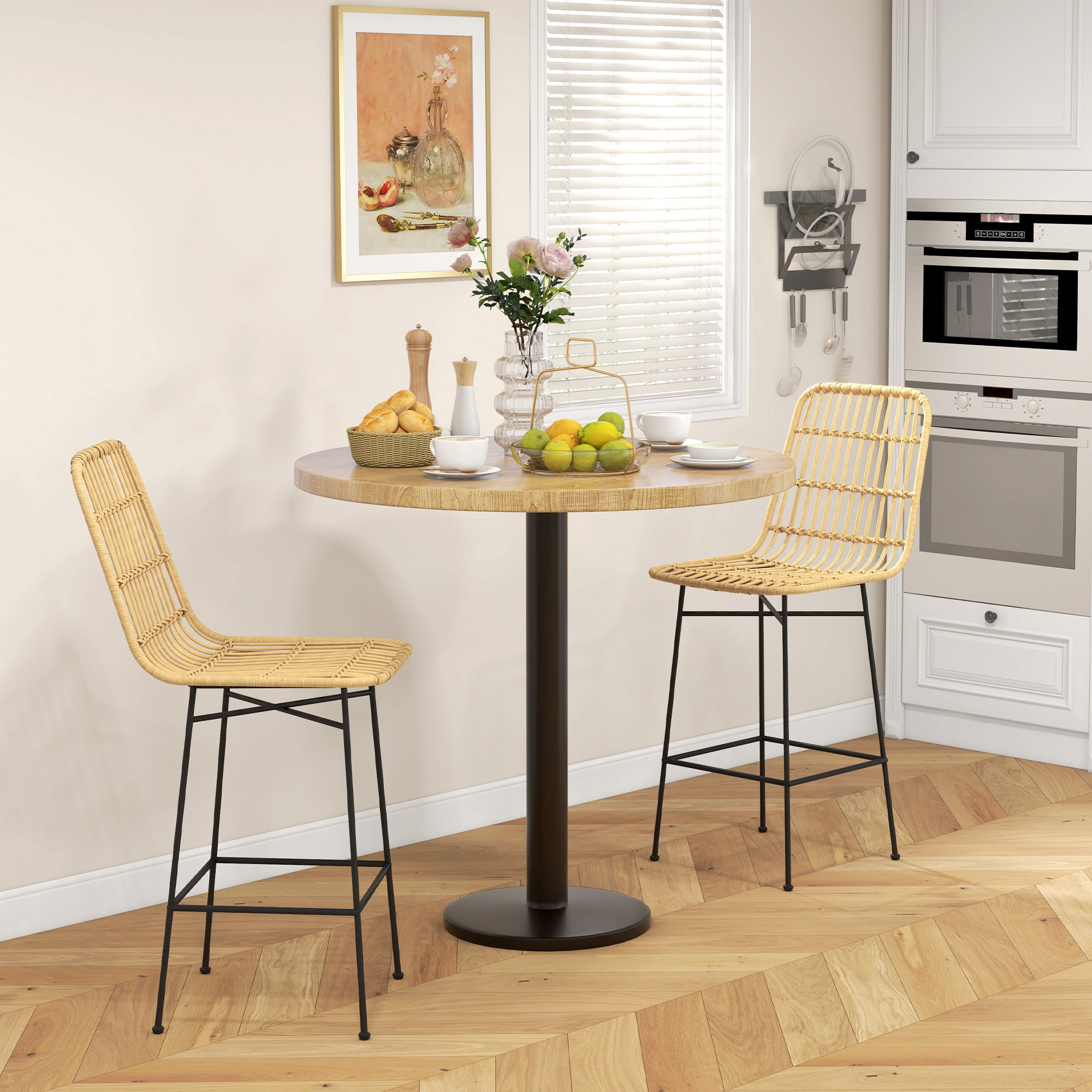HOMCOM Barkruk Barstoel, Boho-stijl, PE-rattan, 45 x 53,5 x 105 cm, Natuur + Zwart