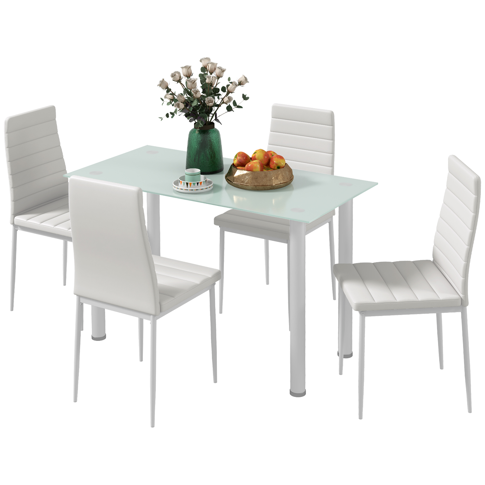 HOMCOM 5-delige Eetkamerset met Eettafel en 4 Stoelen, Modern Design, Glazen Tafel, Wit