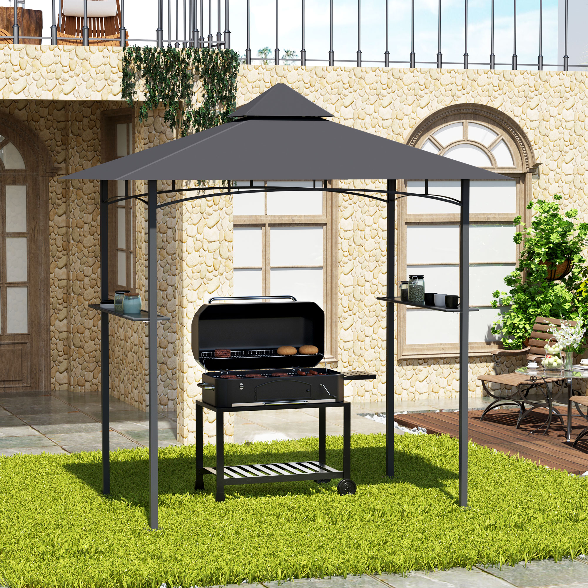 Outsunny grillpaviljoen met 2 zijplanken staalijzer
