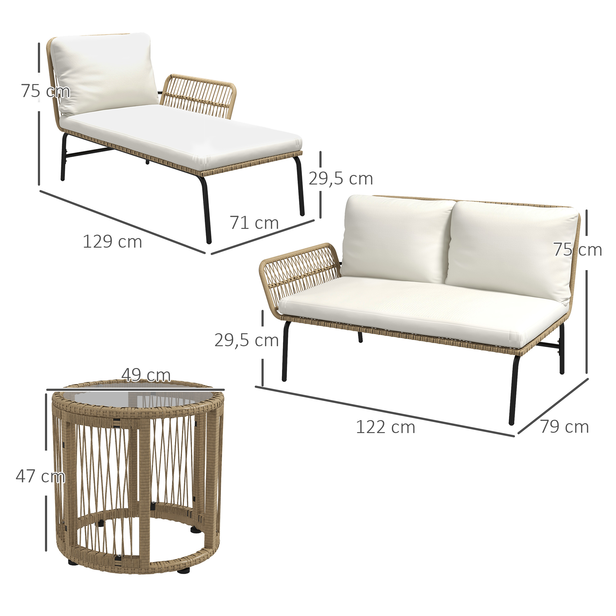 Outsunny Loungeset voor in de tuin, PE rattan, 122 x 79 x 75 cm, Natuur + Crèmewit