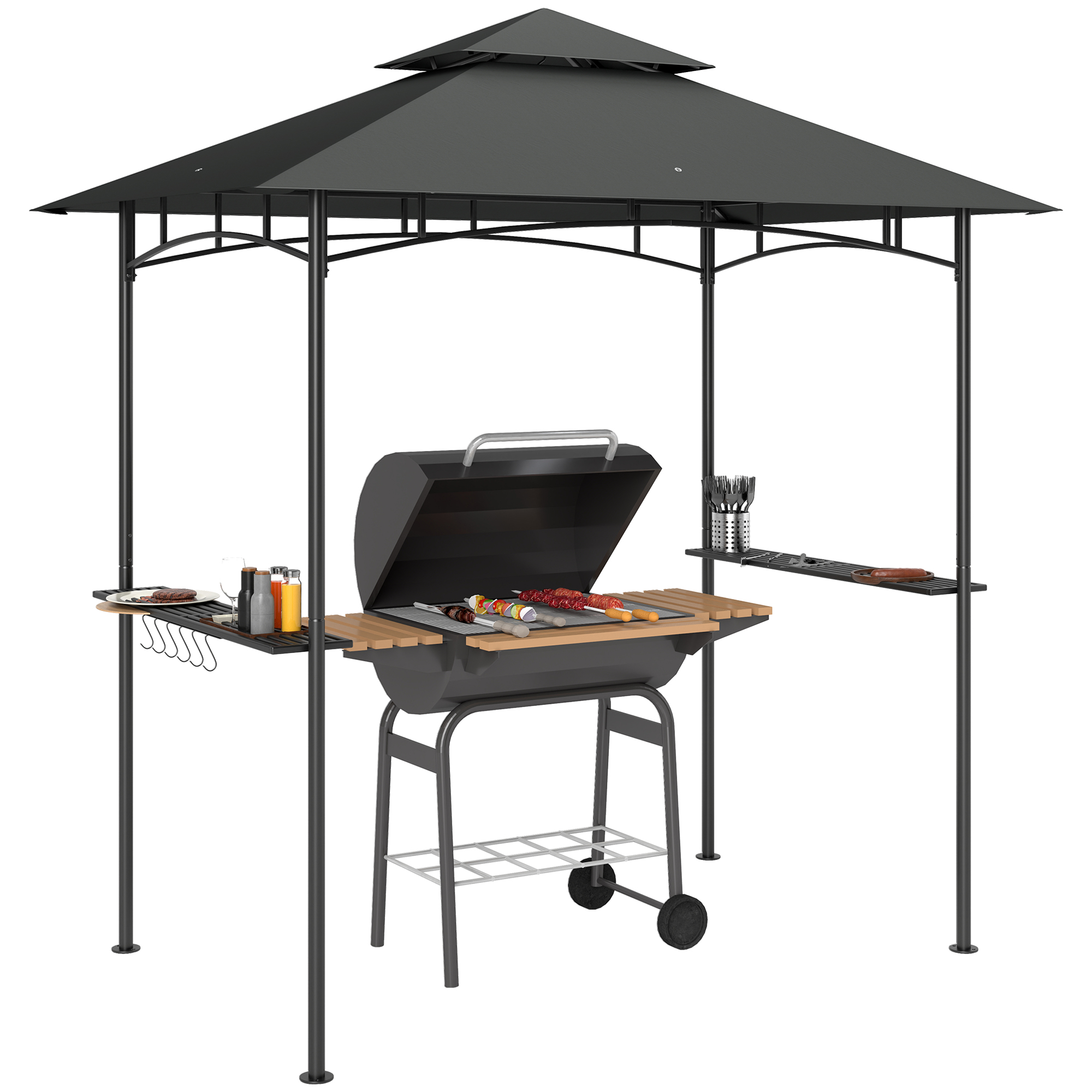 Outsunny Grillpaviljoen met LED-verlichting 240 x 150 x 258 cm Waterafstotend en Vlamvertragend Tuinpaviljoen met Dubbellaagsdak
