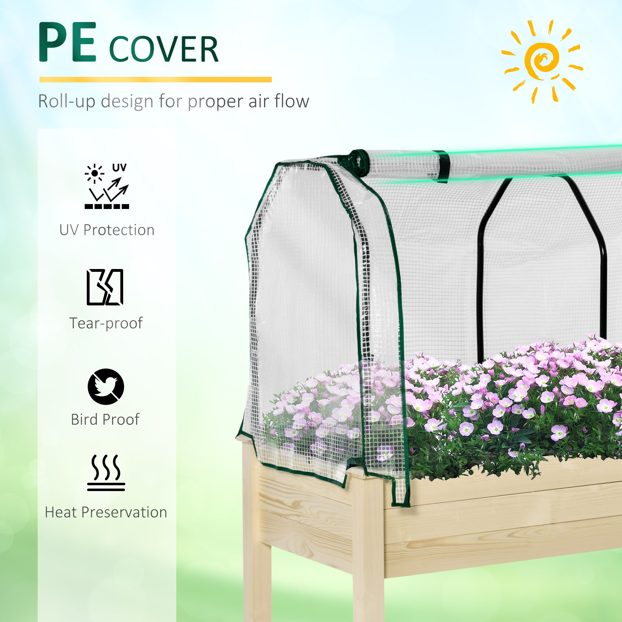 Outsunny Verhoogd Bed, Oprolbare Folieafdekking, Natuurlijk Houten Frame, Stofvoering, Afvoeropeningen, 121 x 55 x 117cm