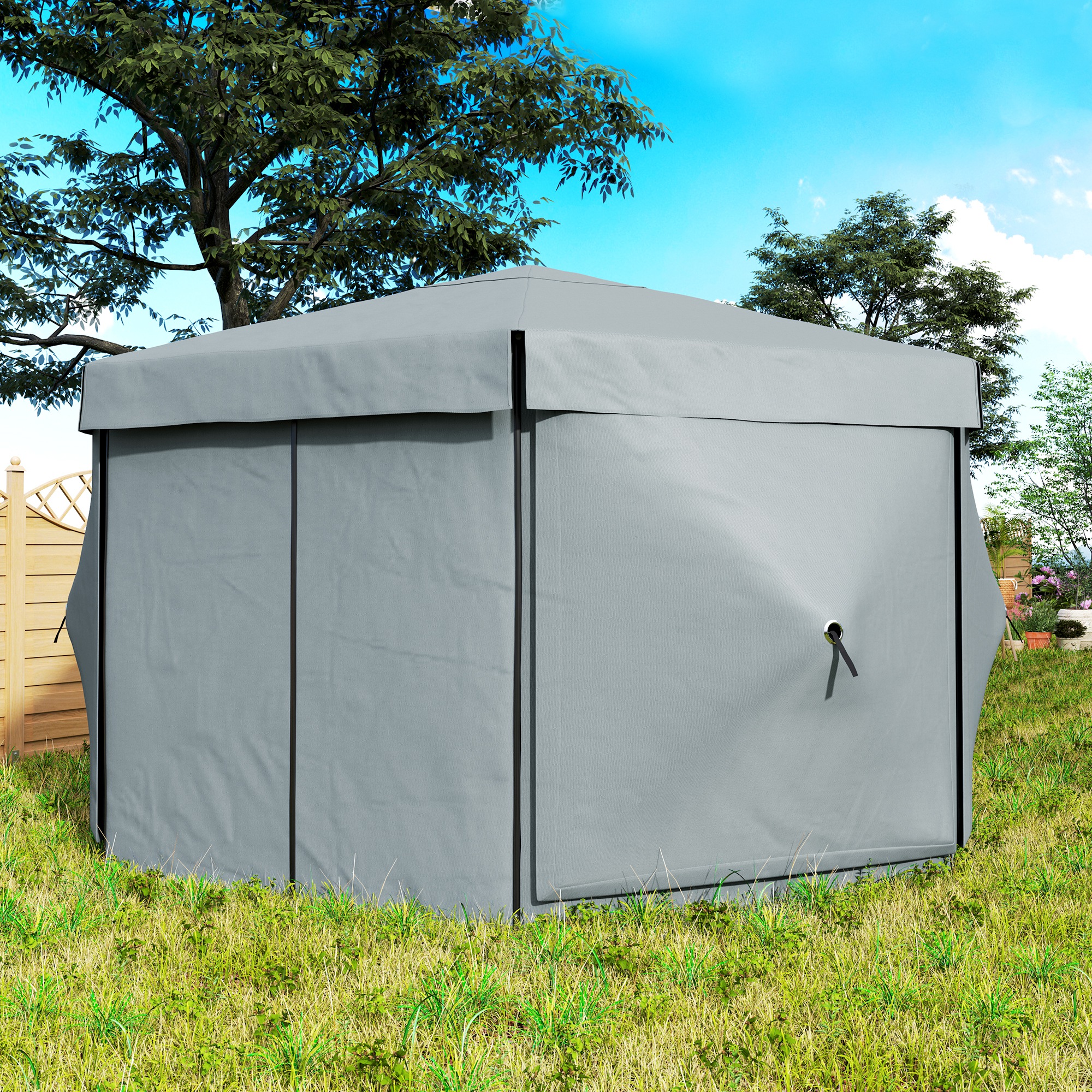 Outsunny Tuin-Paviljoen, Tuintent met 5 Gaaswanden en Draagtas, Waterdicht, UV-bestendig, Partytent, Lichtgrijs