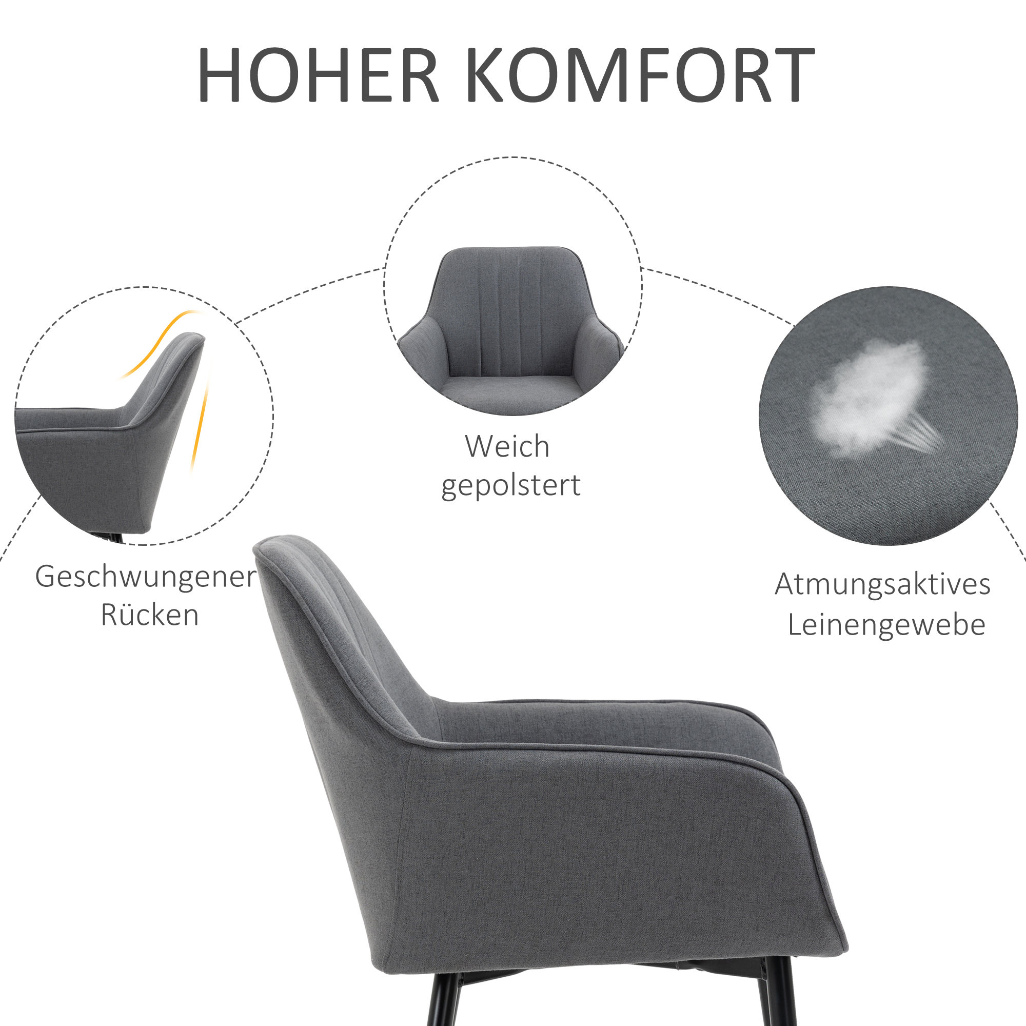 HOMCOM 6-Delige Set Eetkamerstoelen in Scandinavische Stijl met Linnen Bekleding - Donkergrijs